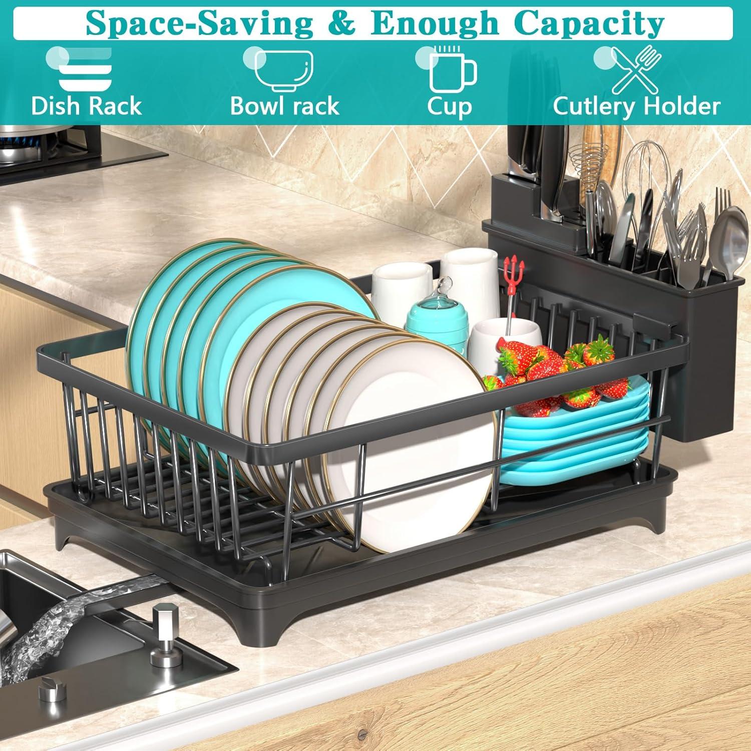 iSPECLE Dish Drying Rack with Drainboard - Compact Dish Racks for Kitchen Counter or in Sink, Small Dish Drainer with Utensil Holder and Drain Spout, Black