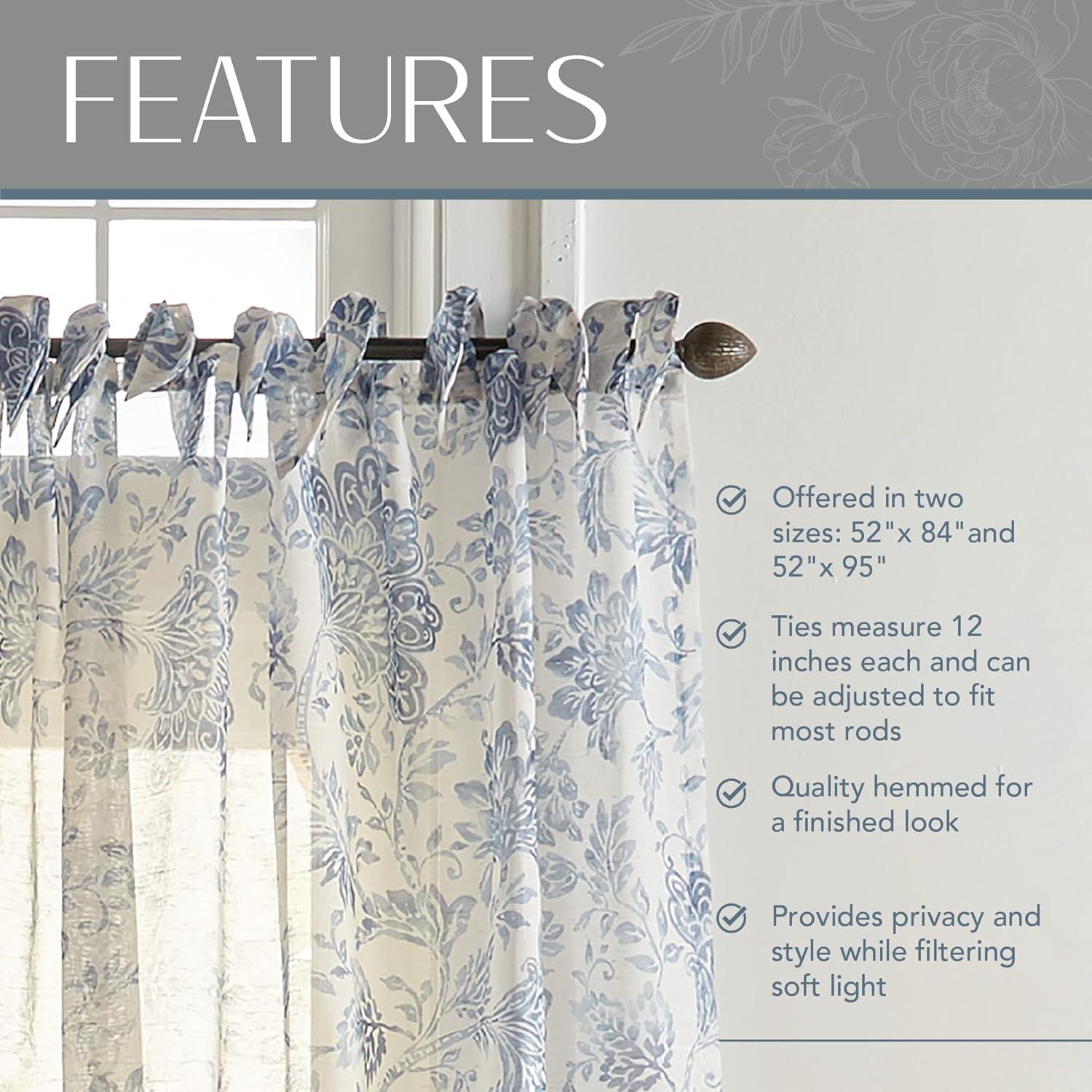 Westport Floral Tie-Top Cottagecore Sheer Single Window Curtain Panel - 52" x 84" - Indigo - Elrene Home Fashions