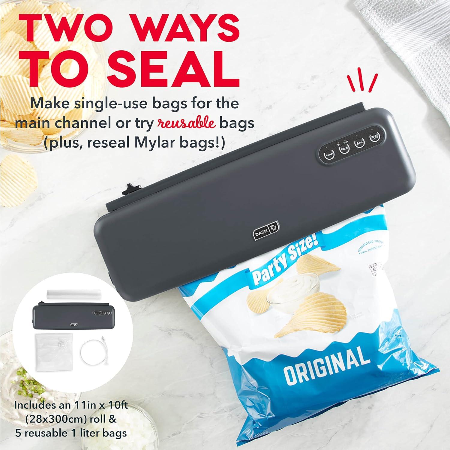 DASH SuperSeal™ Vacuum Sealer for Food Storage and Sous Vide, Perfect for Preserving Fresh Ingredients, Single Use & Reusable Bags and Cutter Included - Grey