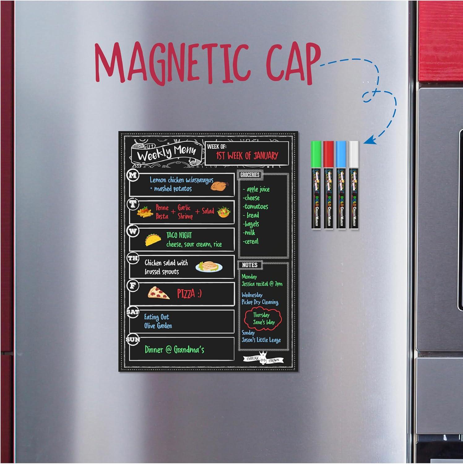 CHALKY CROWN Magnetic Dry Erase Menu Board for Fridge with 4 Liquid Chalk Markers