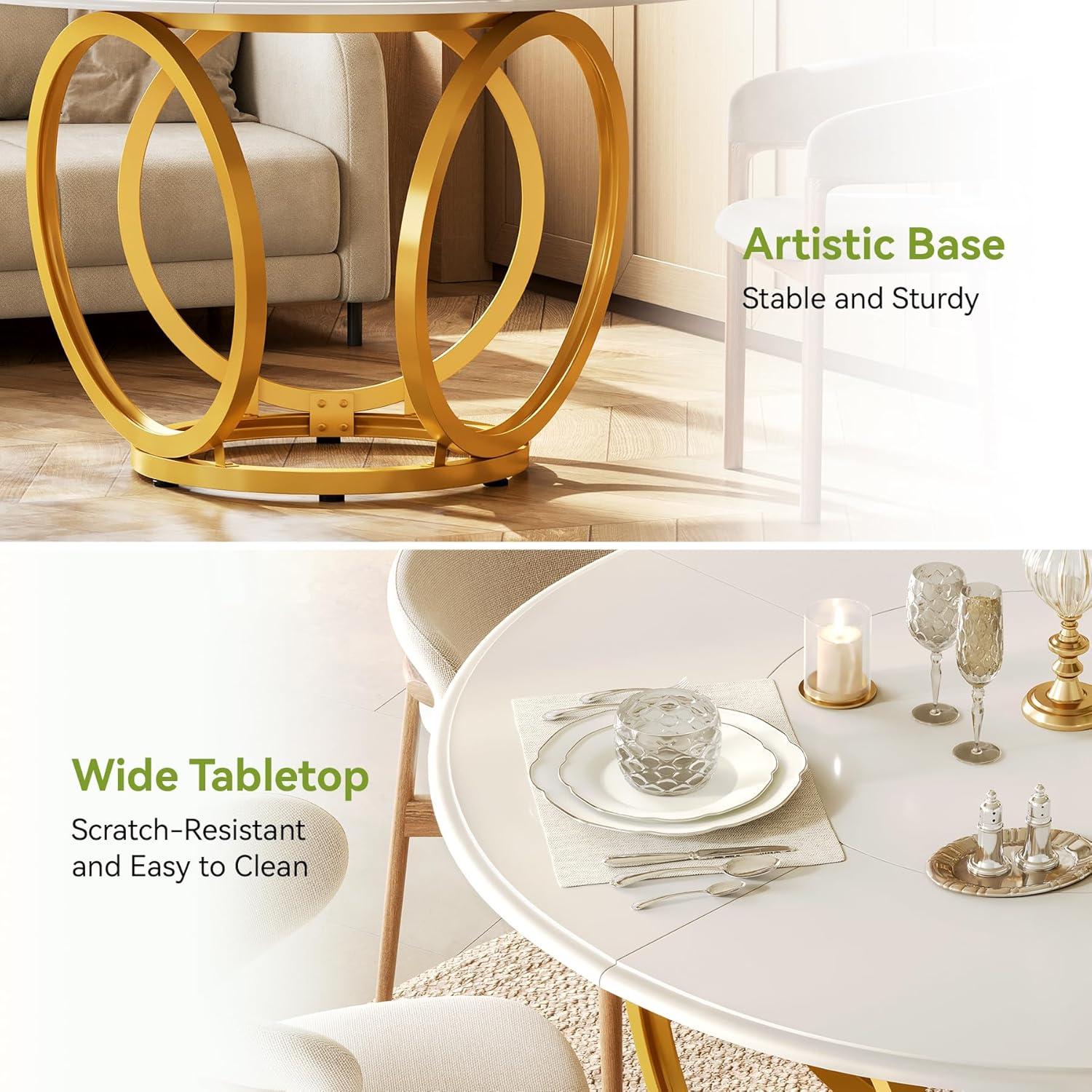 47 inch Dining Table for Dining Room, 4 People Round Dinner Table white & Gold
