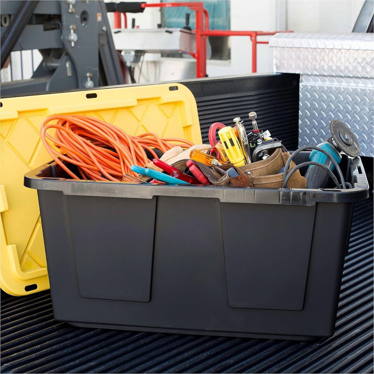 TOUGH BOX 27 Gal Stackable Storage Totes w/ Lids, Black and Yellow (4 pack)