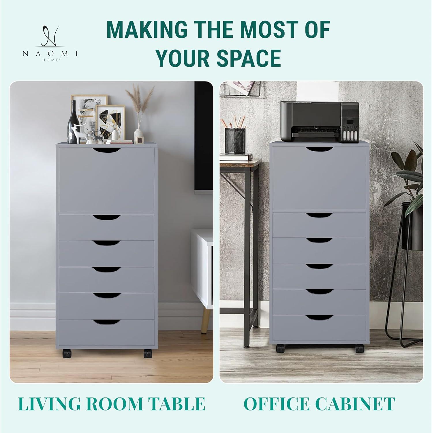 Inbox Zero 6-Drawer Office Drawer File Cabinet on Wheels, Desk Filing Cabinet Unit, Craft Office Drawer Storage Organization