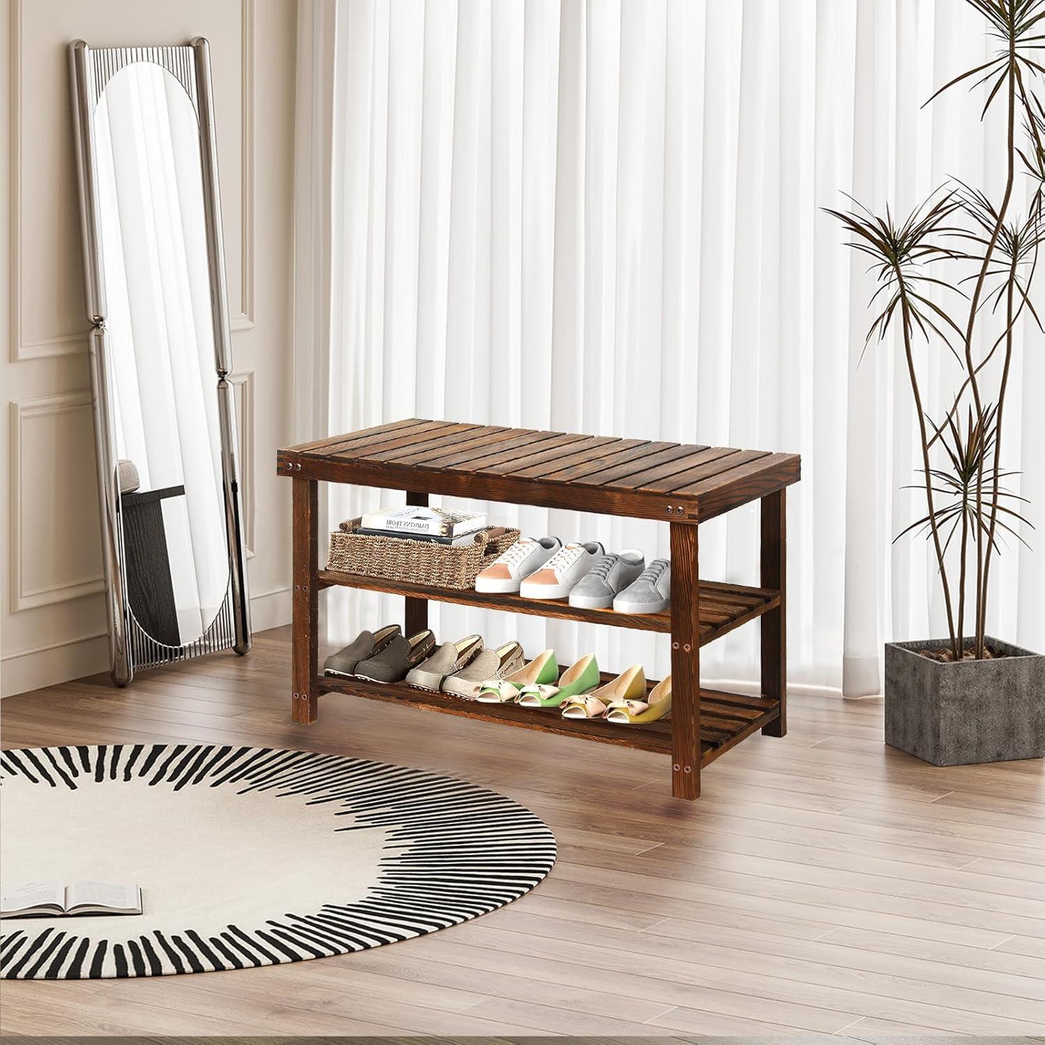 Brown Pine 3-Tier Shoe Rack Bench with Storage