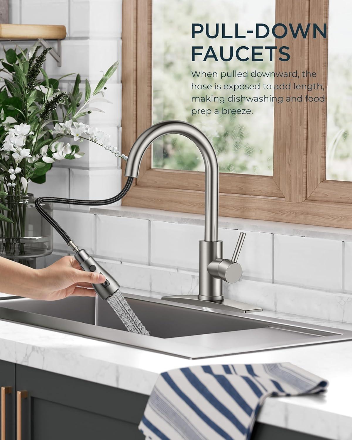 FORIOUS Kitchen Faucet with Pull Down Sprayer, Brushed Nickel, Bar High Arc Single Handle Traditional 3 Modes Stainless Steel Faucet for Kitchen Sink Farmhouse RV Laundry Camper