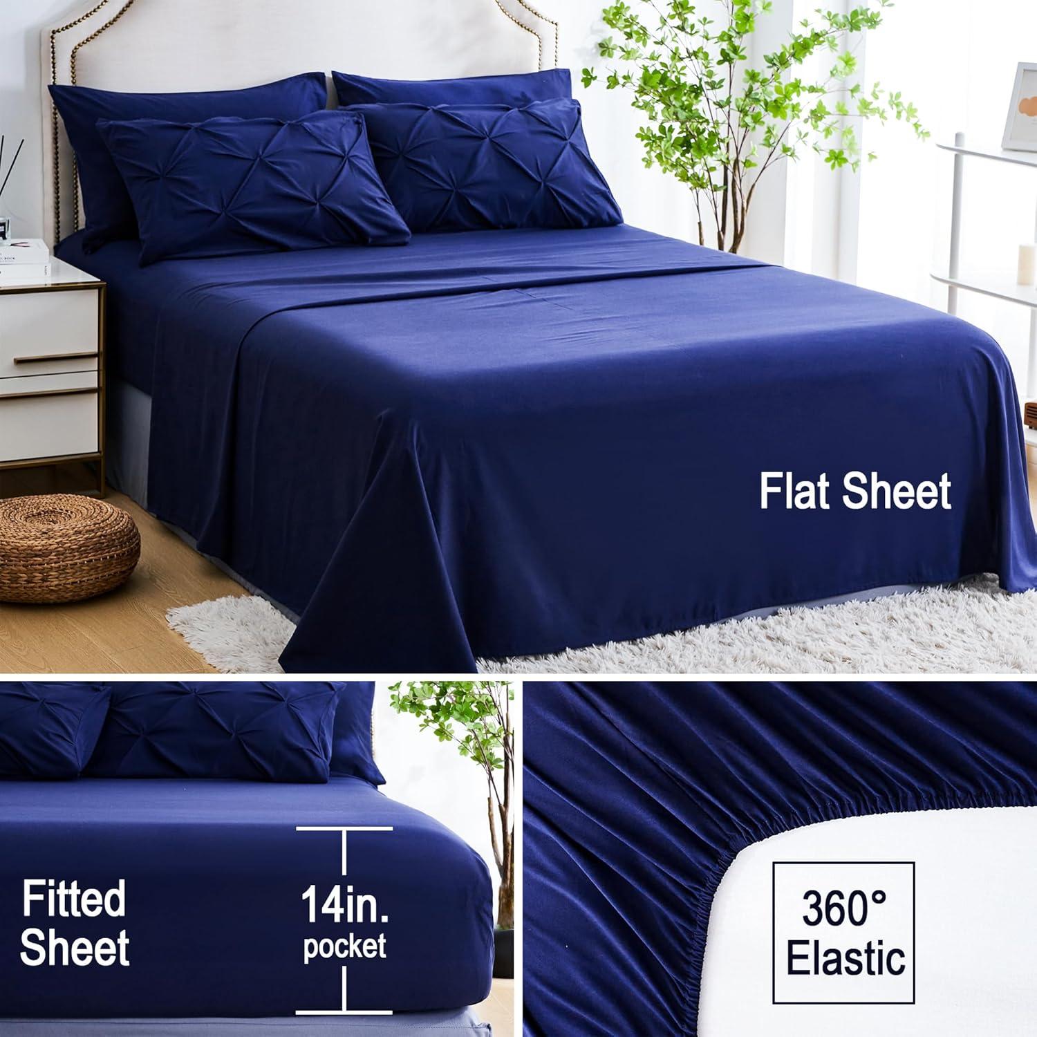 Virtu Queen Comforter Set, 7pc Bed in a Bag, Pleated Bedding Comforter Sets with Sheets, Navy