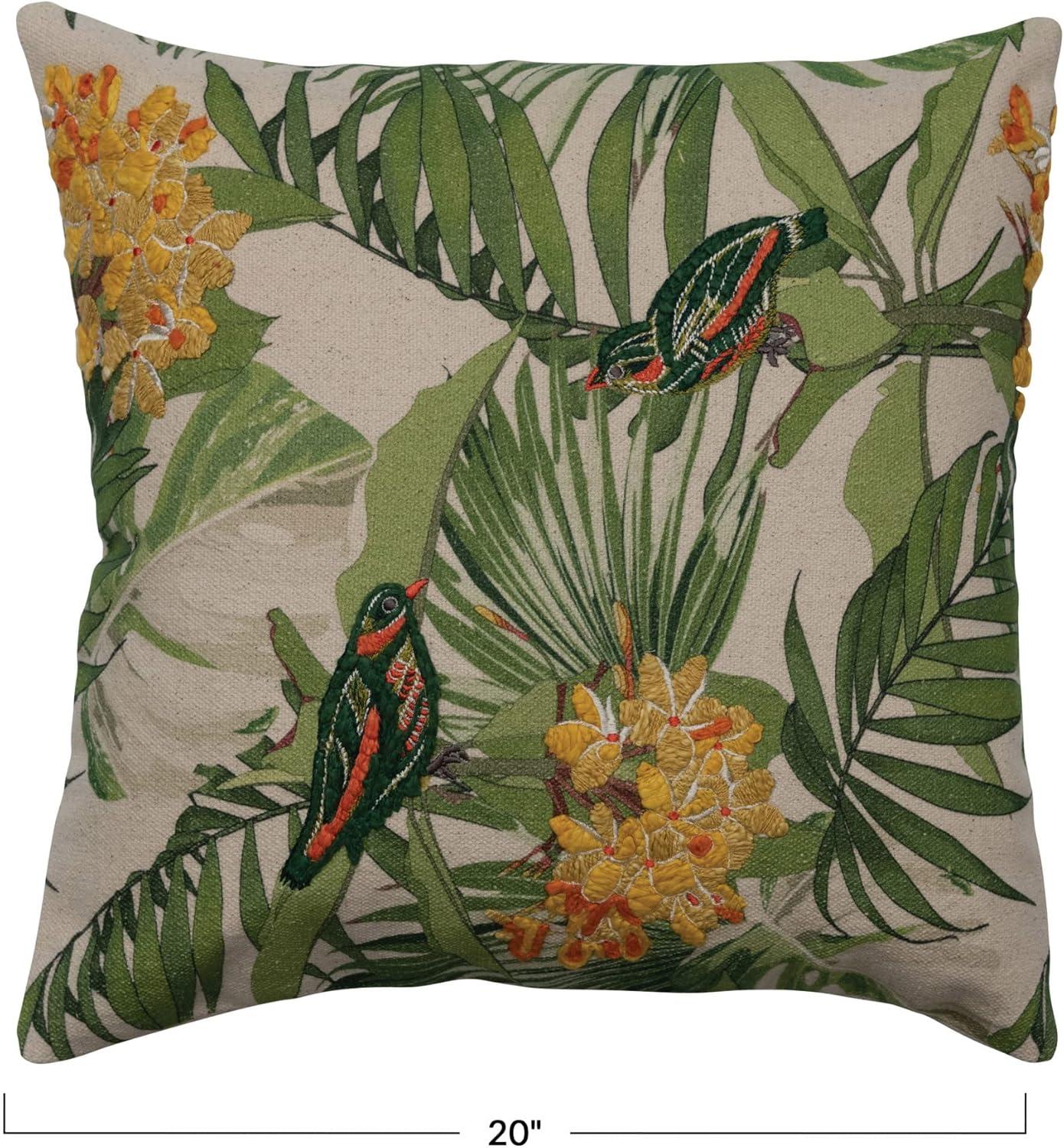 Multicolor Cotton Embroidered Bird and Floral Euro Pillow Cover