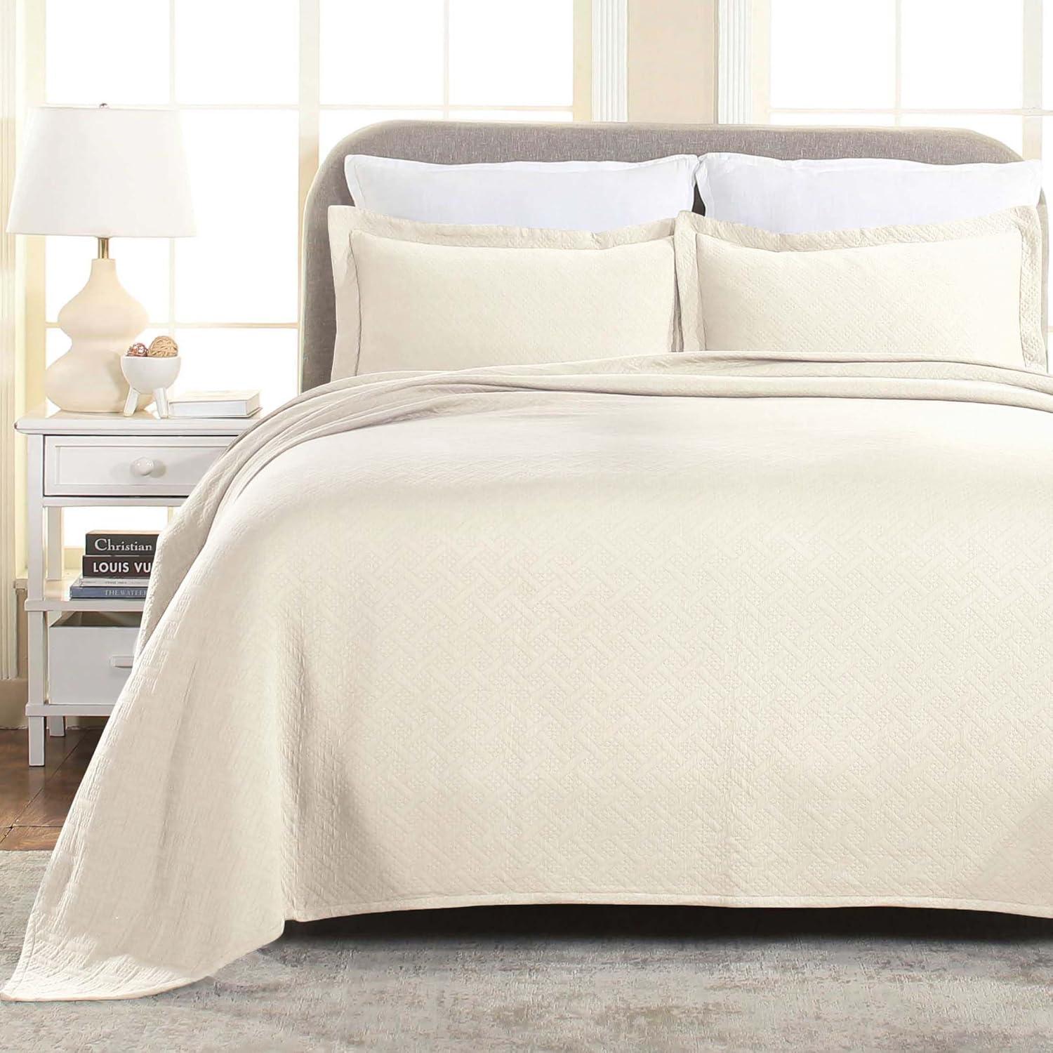 Superior 100% Cotton Basket Weave Bedspread 3 Piece Set, Twin, Ivory