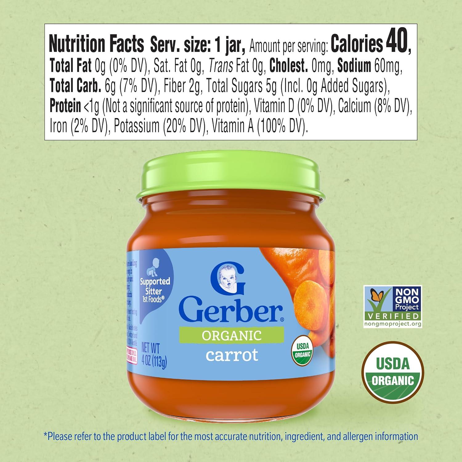 Gerber Stage 1 Baby Food, Organic Carrot Jar, Carrot Puree, Non-GMO, Vegetable Baby Food, Puree Jars Glass, 10-pack