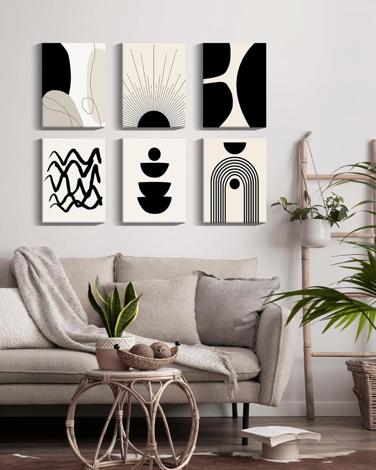 Abstract Boho Wall Art Minimalist Geometric 𝗙𝗿𝗮𝗺𝗲𝗱 Wall Decor 12x16in Boho Room Decor Black Brown Beige Line Art Canvas Painting Mid Century Modern Prints Bohemian Posters for Living Room