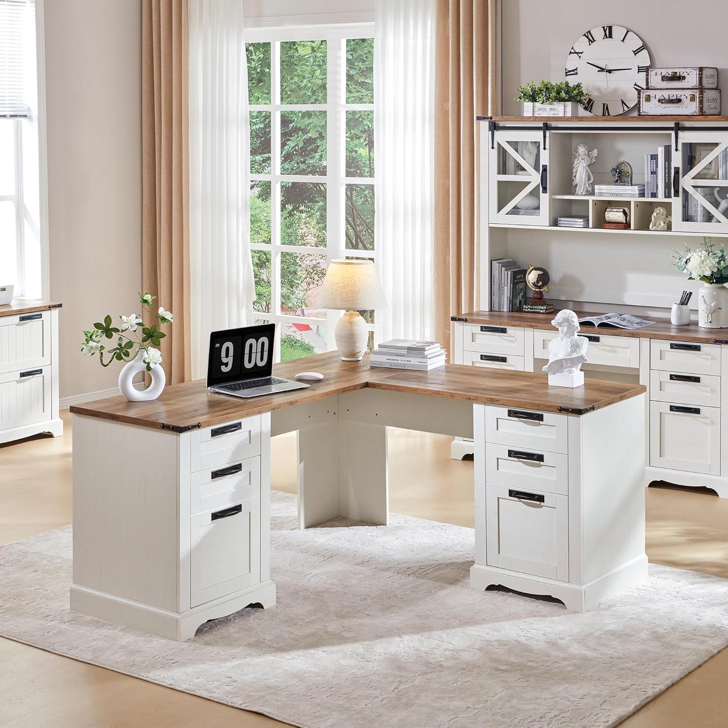 Danolapsi 60" Farmhouse L Shaped Executive Desk with Drawers,Home Office Desk with File Drawers and Storage Cabinet,Corner Computer Desk with Adjustable Side Storage Cabinet,Computer Writing Desk