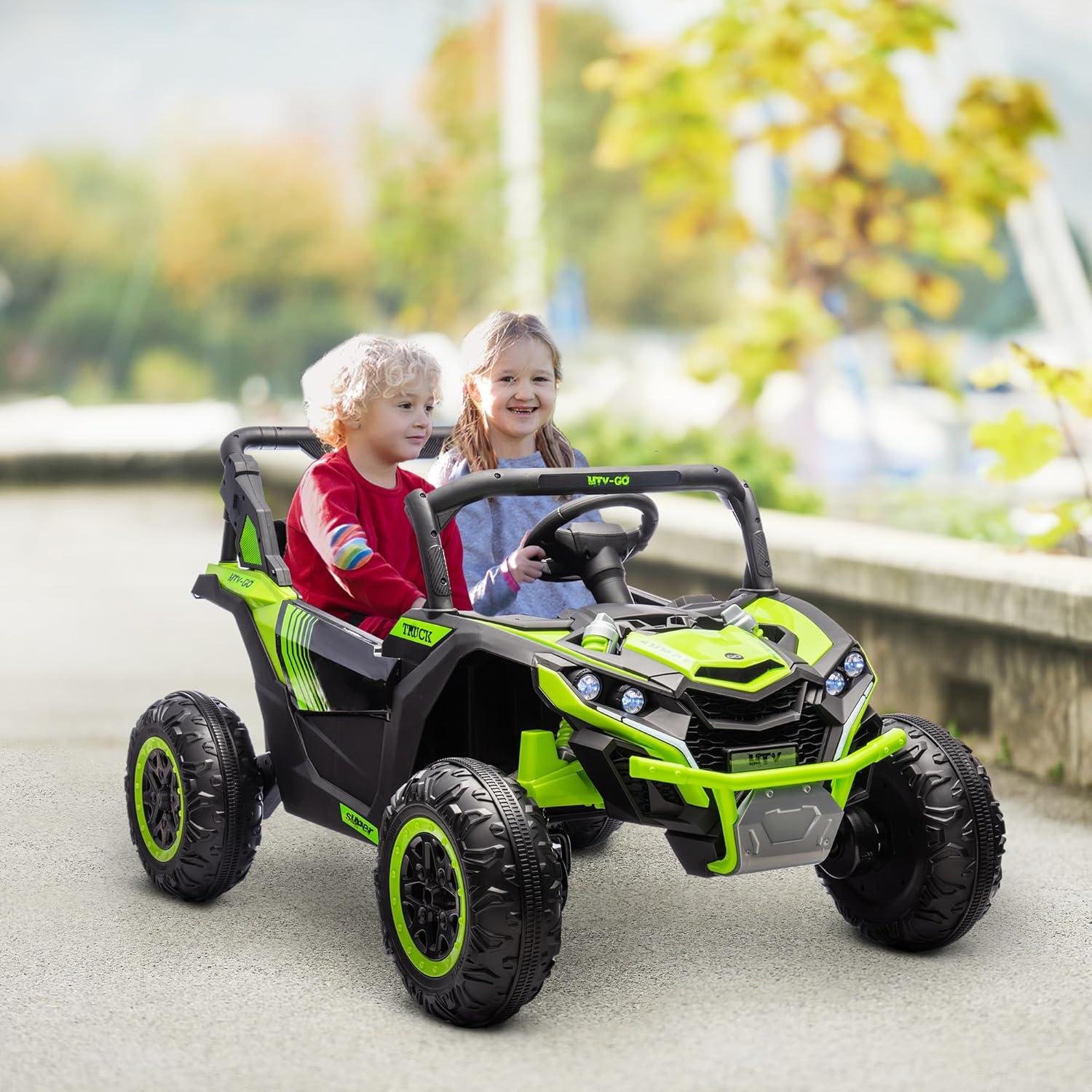 Qaba 24V 7AH Ride on Car, 2 Seater 4 MPH Ride on UTV Battery Powered Toy Car with 4 Shock Absorbers, Music, Horn, LED Lights for 3-8 Years, Green