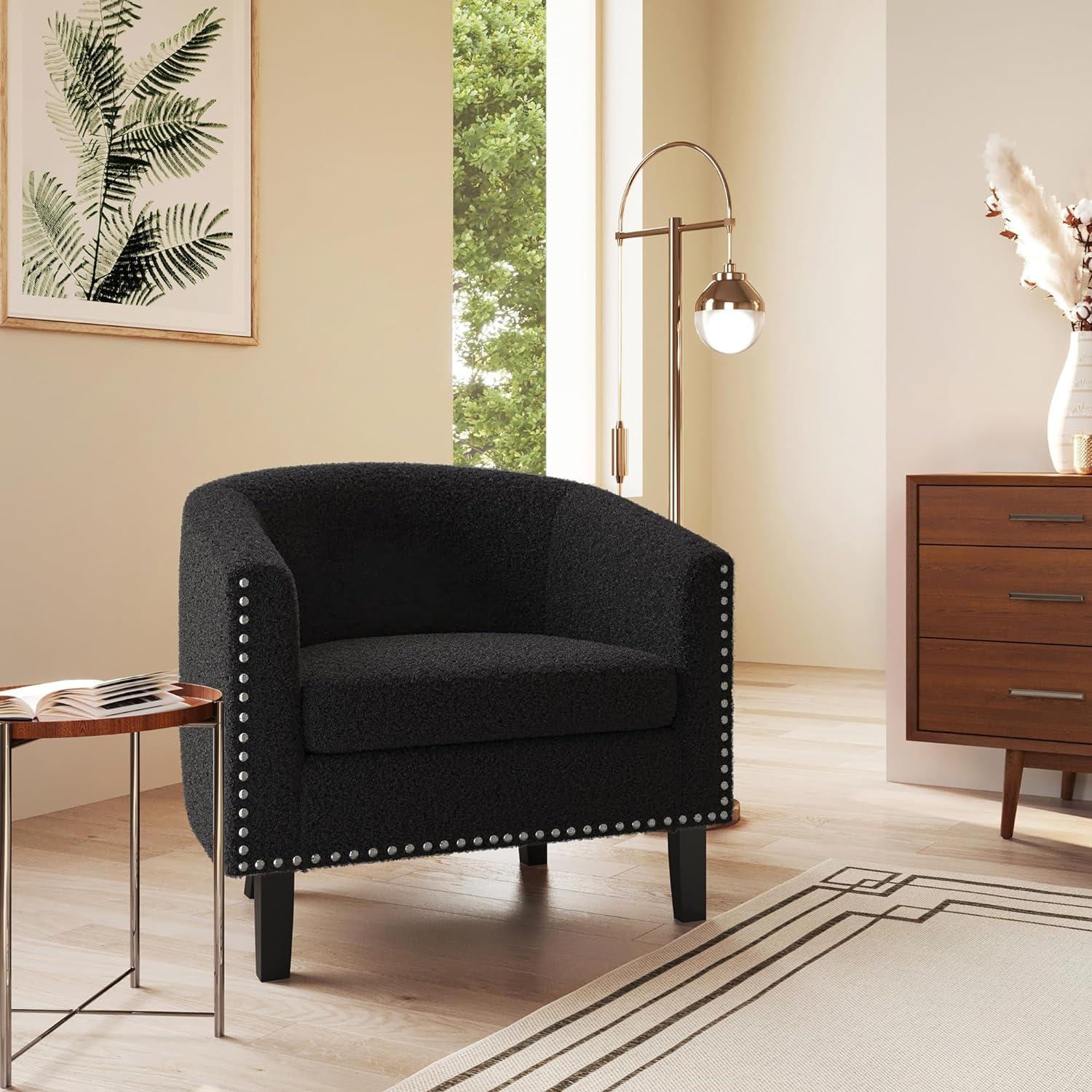 Black Faux Leather Barrel Accent Chair with Wood Legs