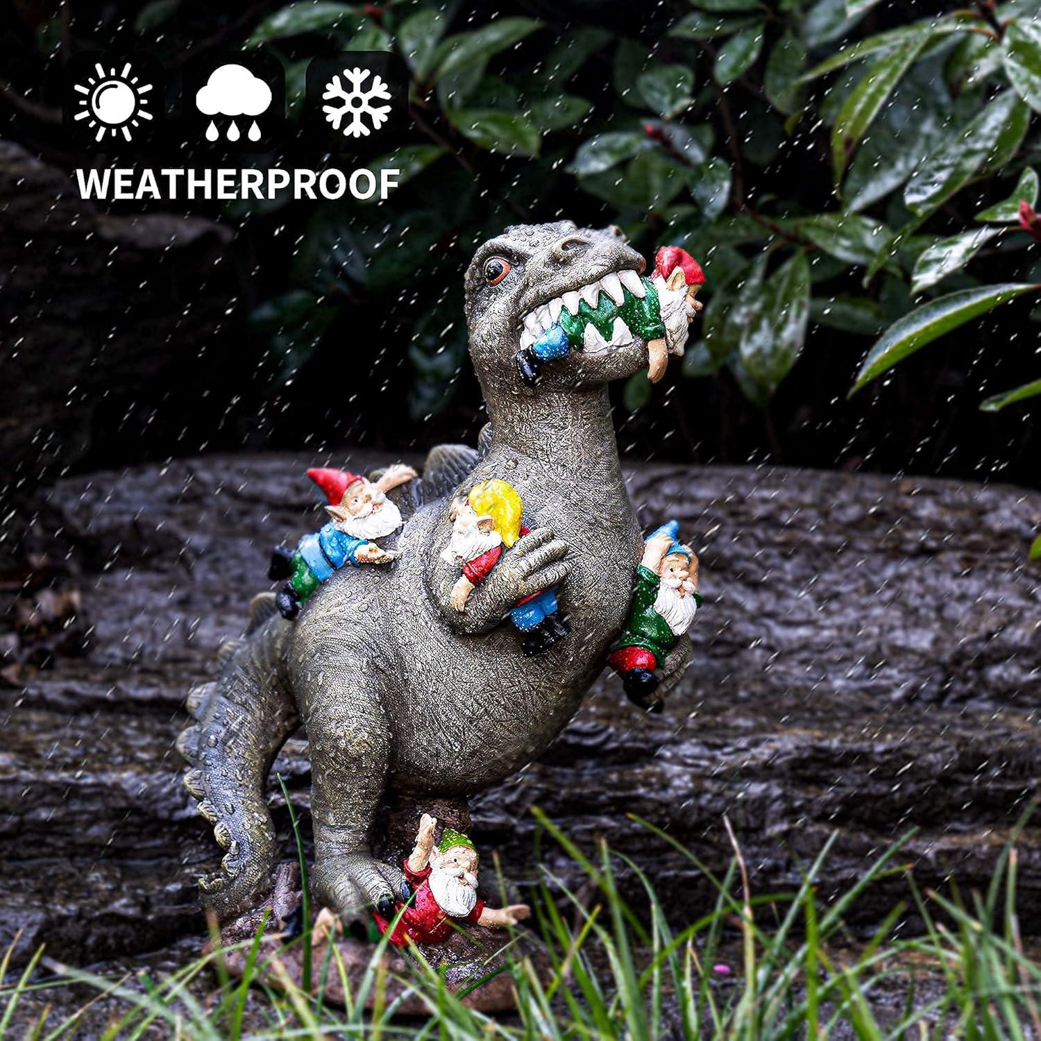 14" Dinosaur and Gnomes Weatherproof Garden Statue