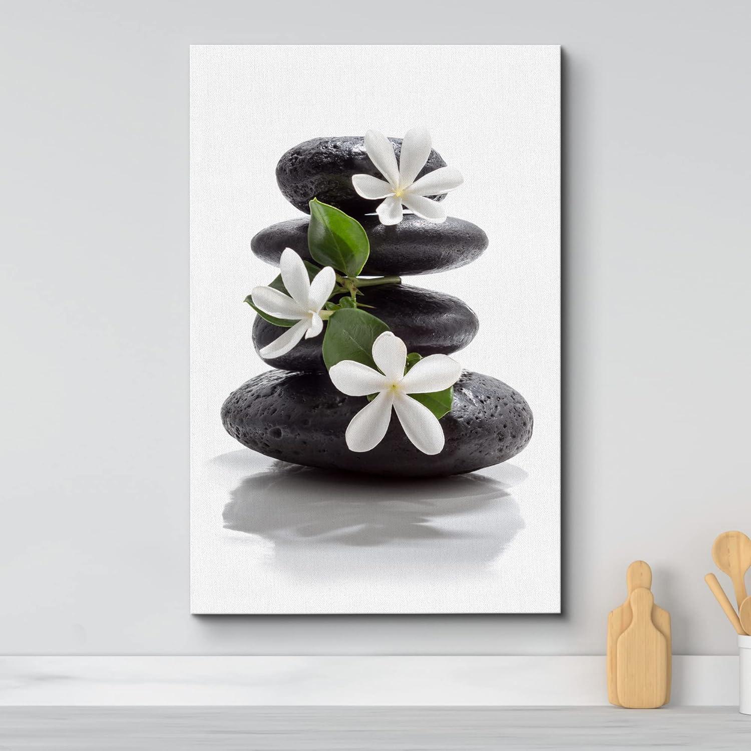 wall26 Impresión en Lienzo Arte de Pared, Piedras de Basalto Oscuro Zen con Flores de Magnolia, Fotografía Floral Natural, Realismo, Rústico, Colorido Multicolor Ultra para Sala de Estar, Dormitorio, Oficina - 12"x18"