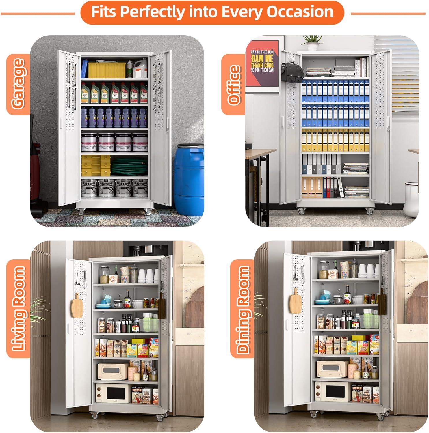 AOBABO 72 Inch Locking Metal Garage Home Office Storage Cabinet with Universal Rubber Wheels/Lockable Casters and Magnetic Doors, White