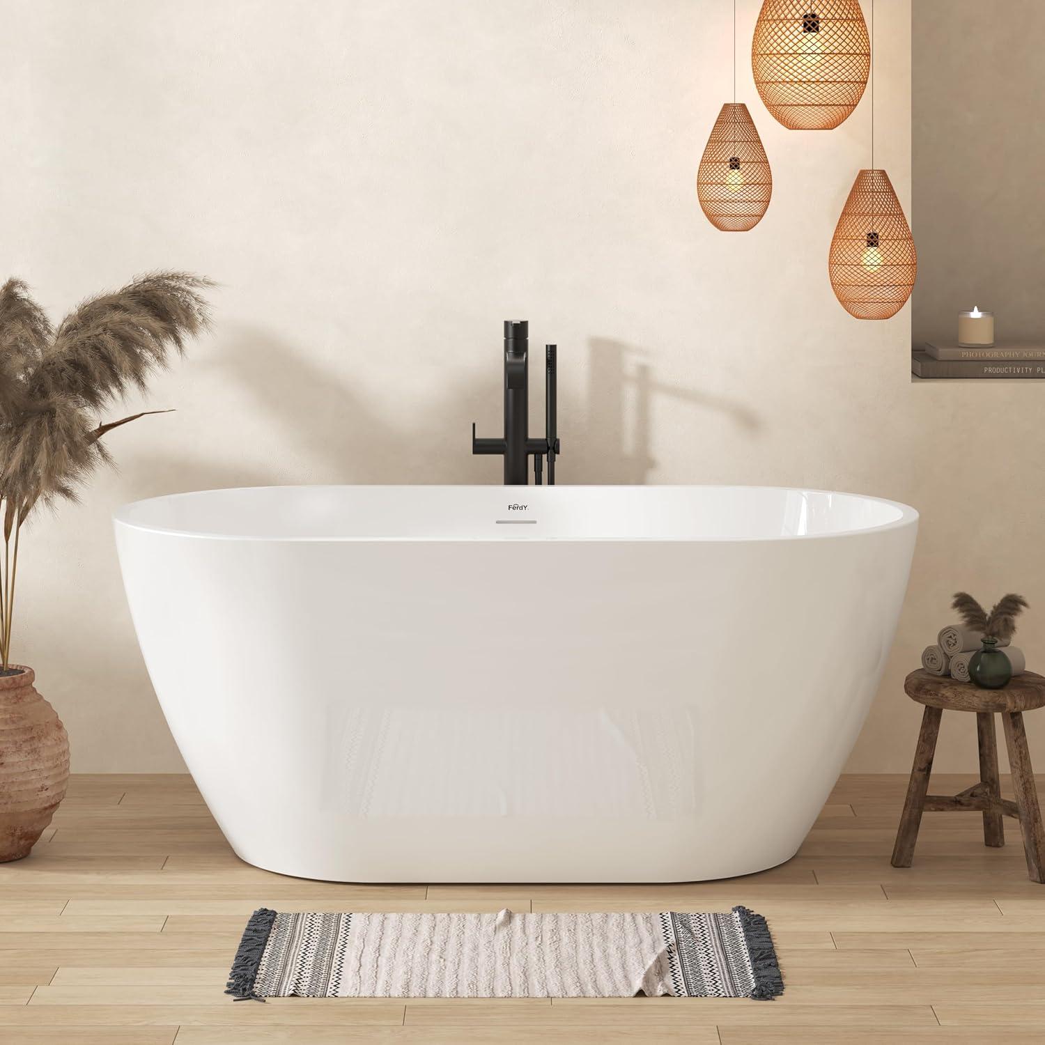 FerdY Bali Freestanding Soaking Acrylic Bathtub with Brushed Nickel Drain FerdY-02538-1400-BN