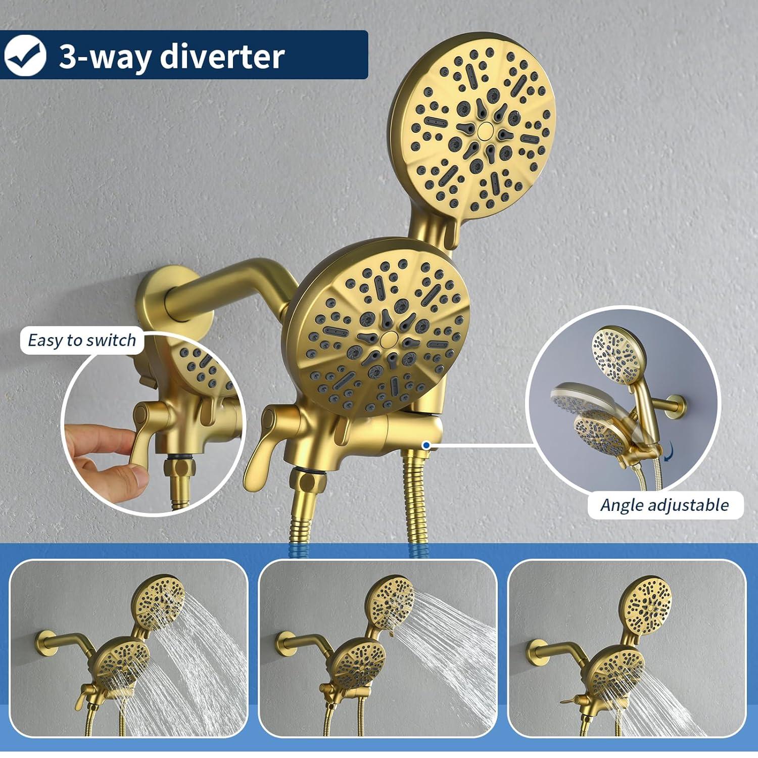 2 Handle Shower Faucet Shower System Complete 2 in 1 Shower Combo Set with Handheld Showerhead Shower Trim Kit Wall Mounted Shower Fixtures Brushed Gold