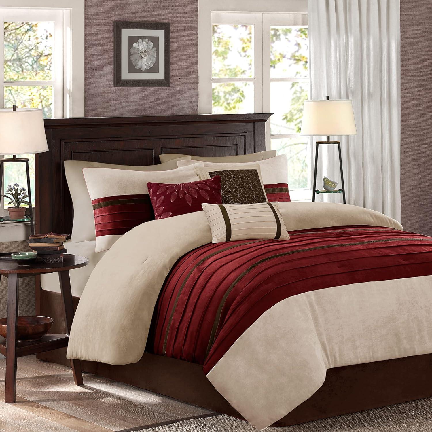 Home Essence 7 Piece Dakota Pieced and Pleated Microsuede Comforter Set, Red/Tan, King