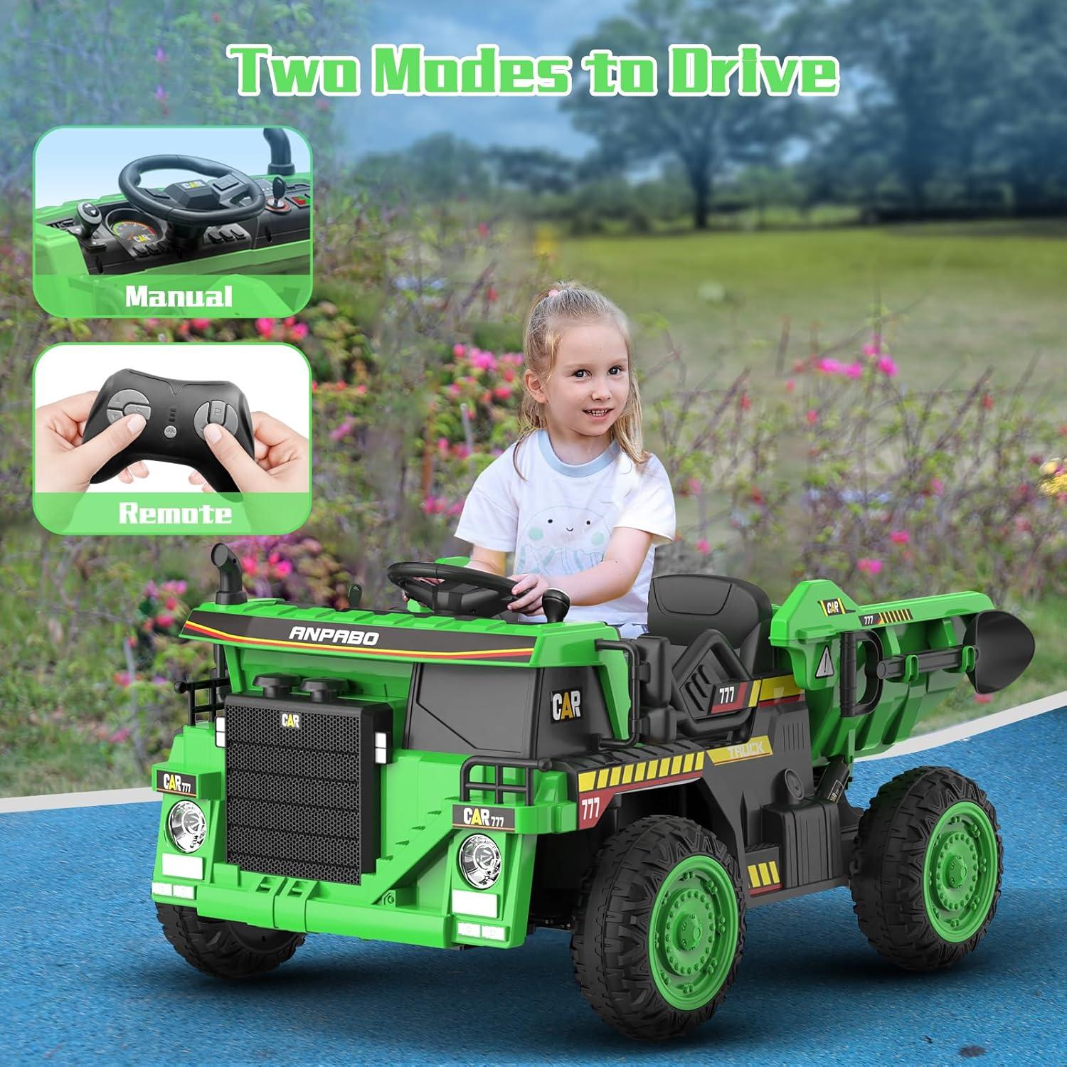 Green 12V Electric Ride-On Dump Truck with Remote Control