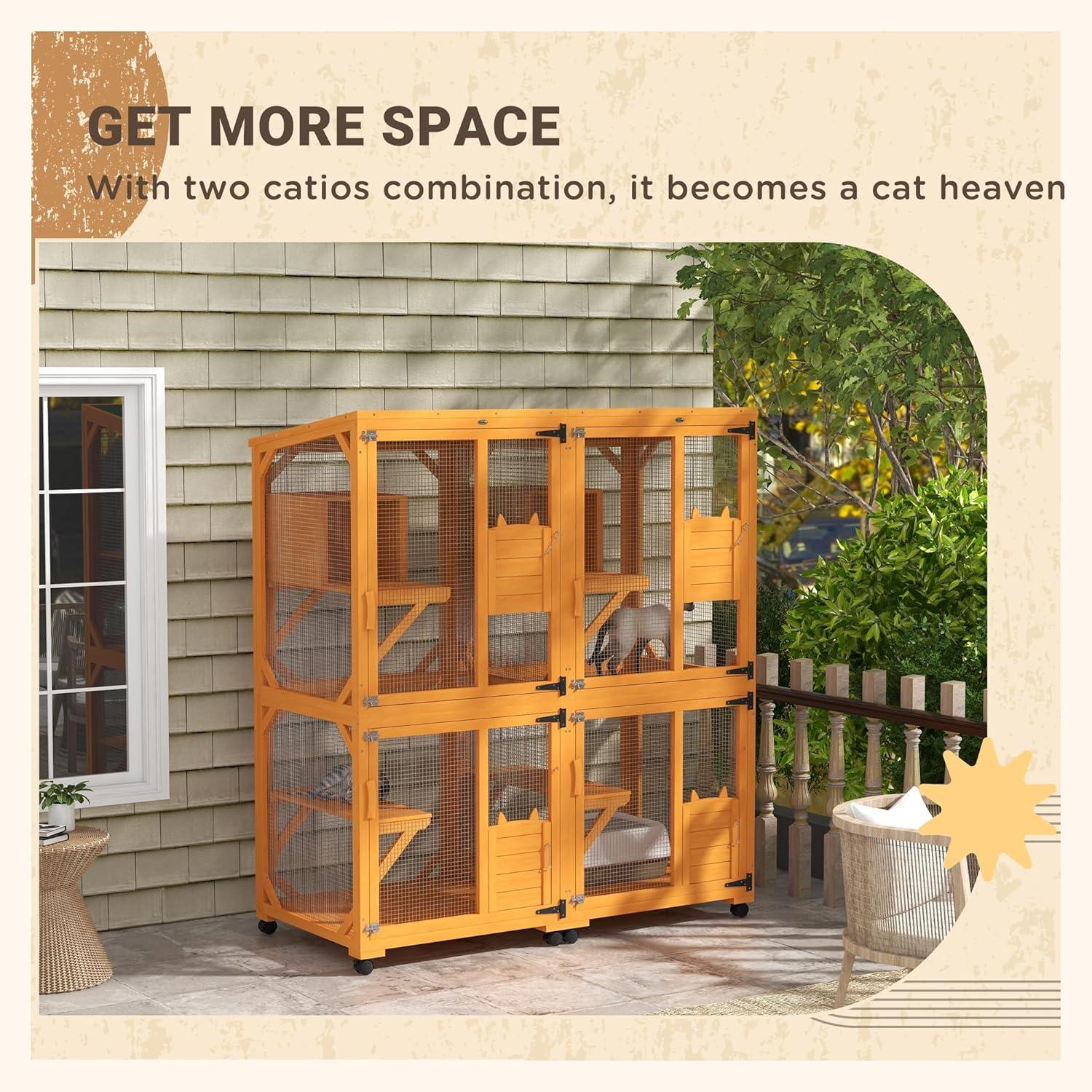 PawHut Catio Outdoor, Large Cat Enclosure, Wooden Kitten House, Elevated Design, with Wheels, Water-Resistant, Multi Platforms, for 1-3 Cats, Orange