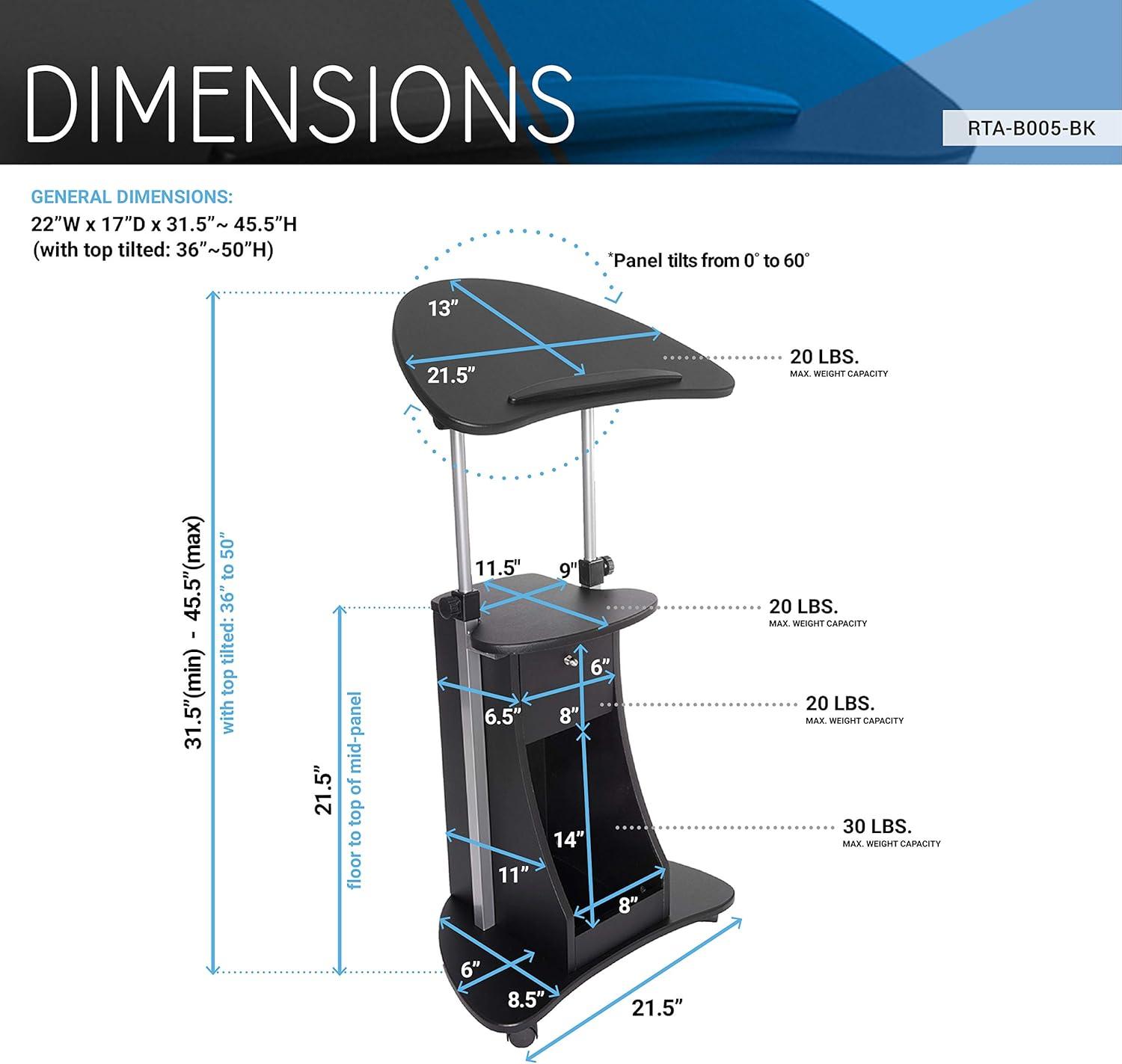 Black Adjustable Height Mobile Sit/Standing Desk with Drawer