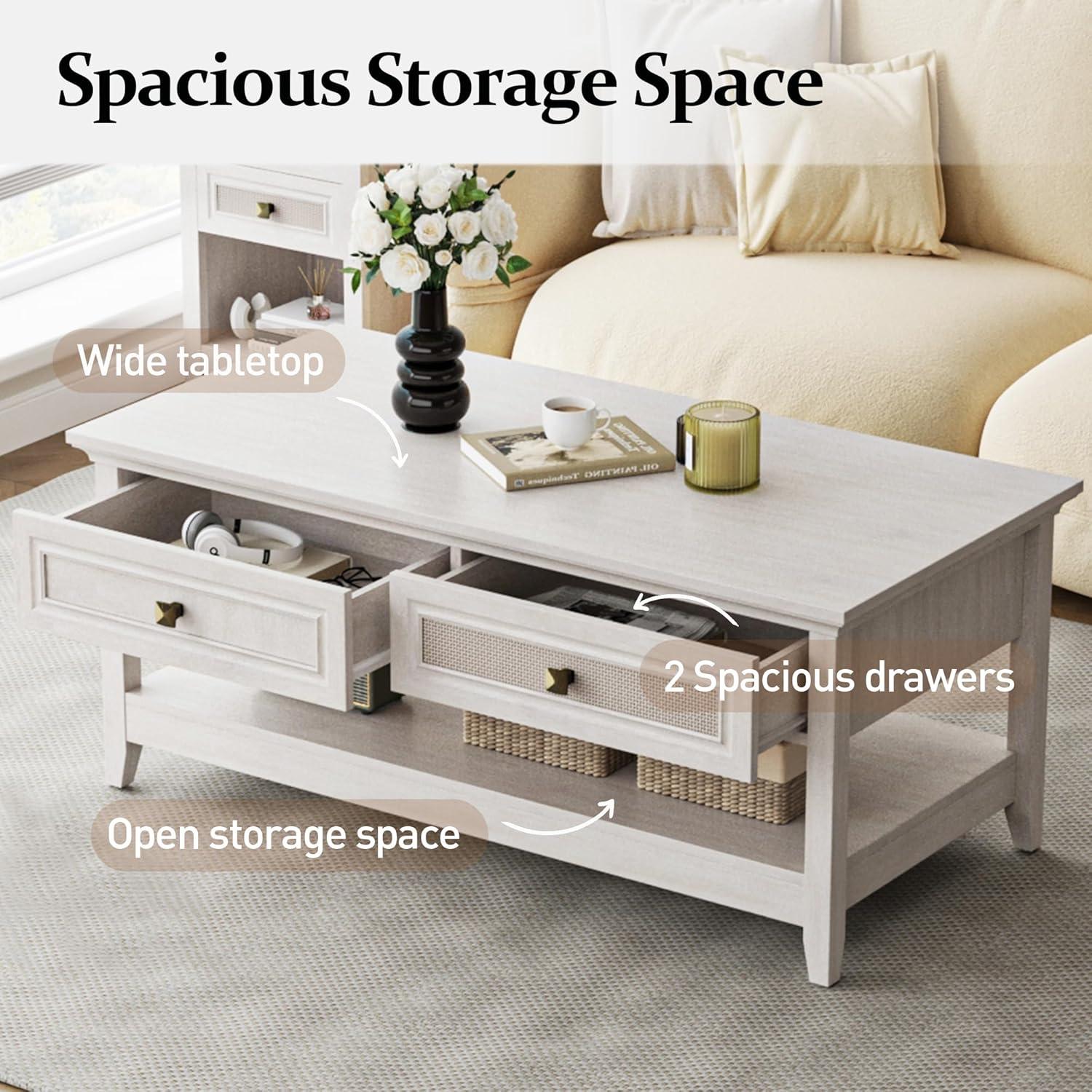 Royalcraft Farmhouse Coffee Table, Boho Tea Table with 2 Rattan Decor Drawers, Accent Center Sofa Table with Storage Shelf, 2 Tier Coffee Table for Bedroom, Living Room, Home Office, Grayish White