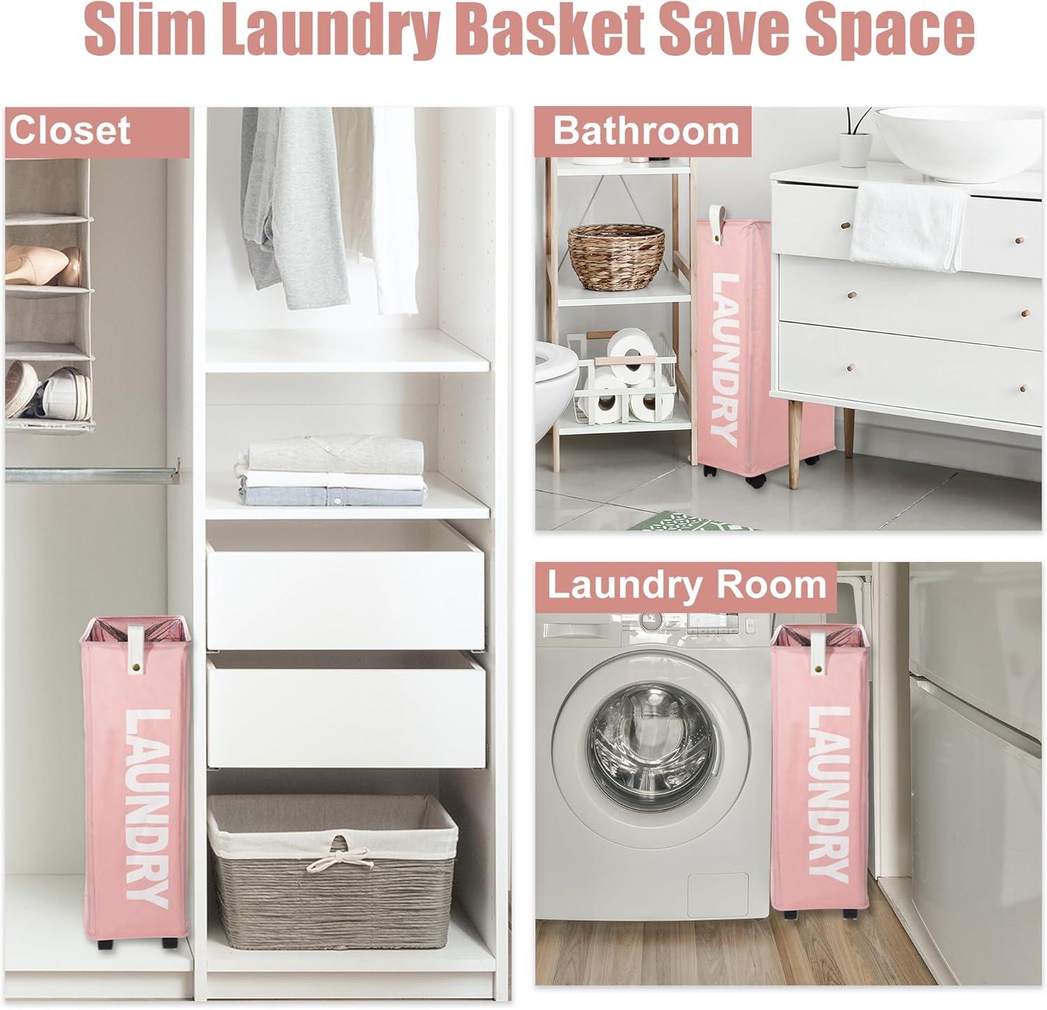 Unique Bargains Laundry Hamper with Wheels with Handle 27" Tall 1 Pc Pink