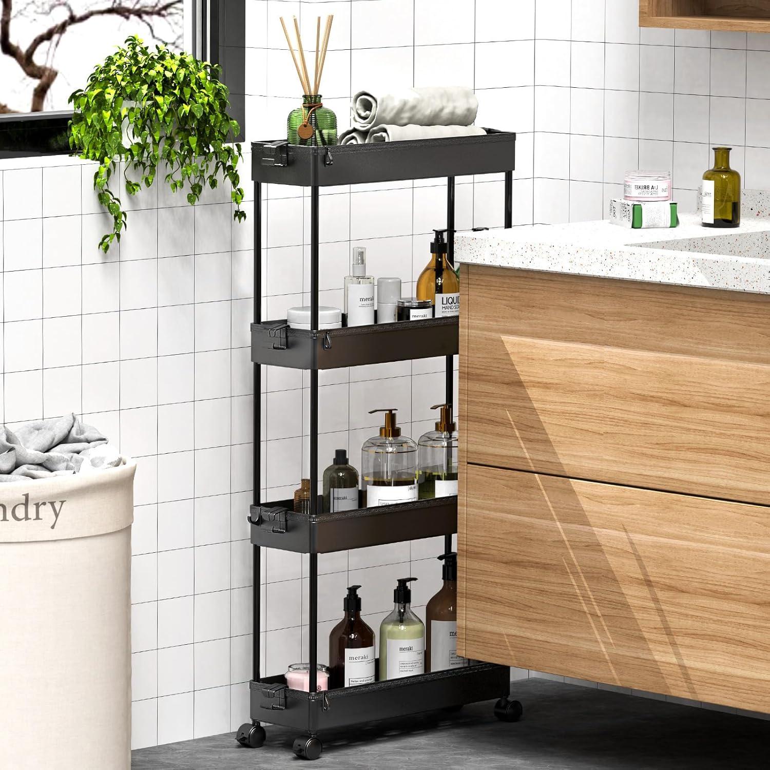 Black 4-Tier Rolling Storage Cart with Adjustable Shelves