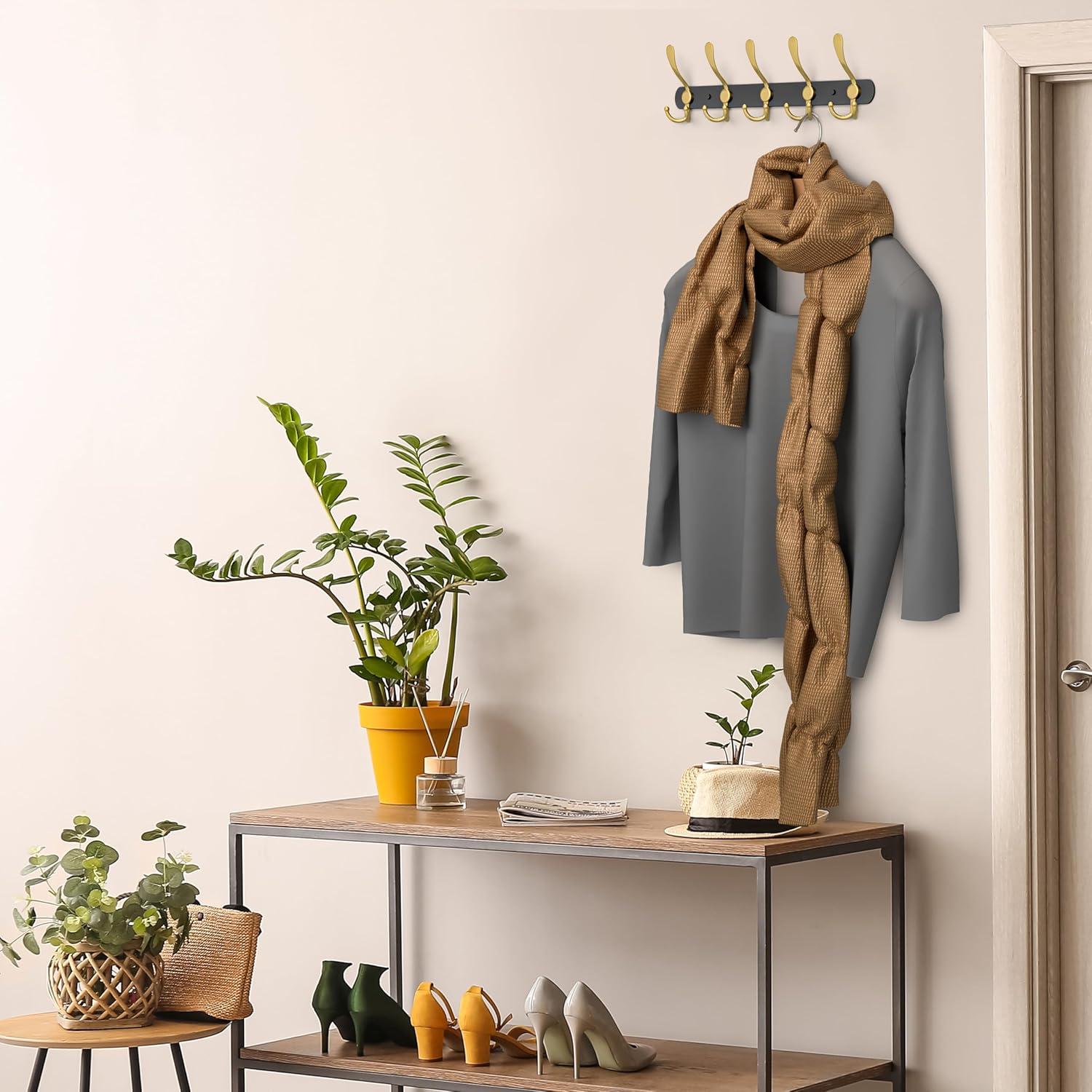 Black and Gold Coat Rack Wall Mounted - 16 Inch Heavy Duty Stainless Steel Matte Finish Wall Hook Rack - 5 Tri Coat Hooks for Hanging Towels, Bags, Hat - Bathroom Entryway - 2 Pack