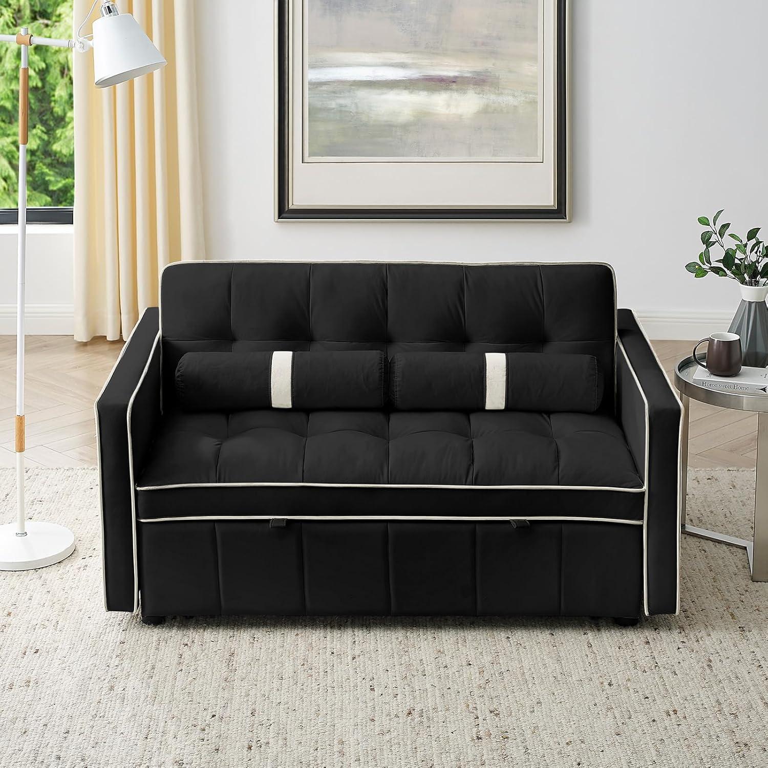 3 in 1 Convertible Sleeper Sofa Bed,55" Modern Velvet Sofa Couch Bed with 2 Lumbar Pillows and Adjsutable Backrest,2 Seater Loveseats Sofa for Apartment Office Living Room,Black