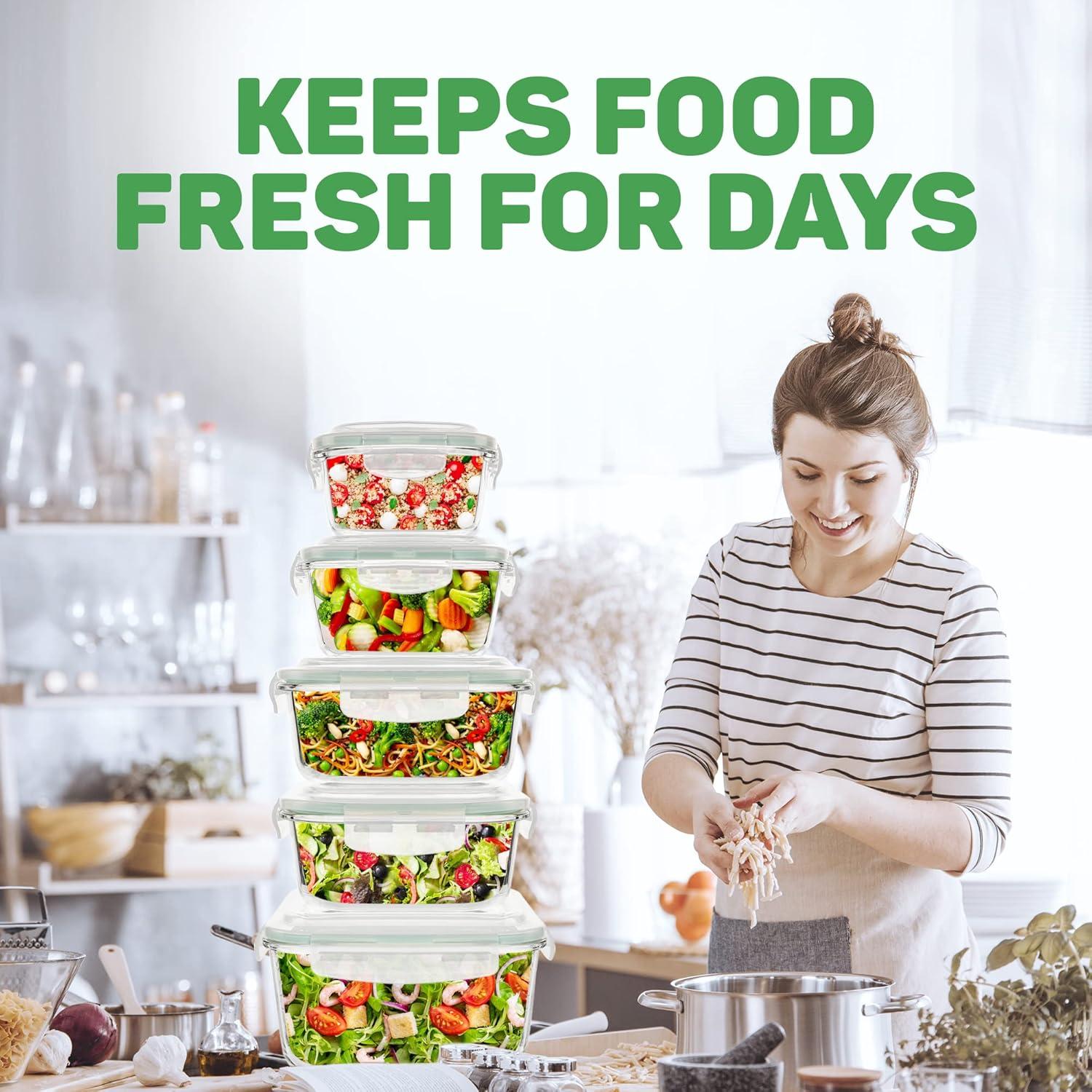 Razab 10-Piece Glass Food Storage Containers with Airtight Lids – Leakproof, BPA-Free, Oven, Microwave, Freezer & Dishwasher Safe Meal Prep Containers for Kitchen & Pantry Organization