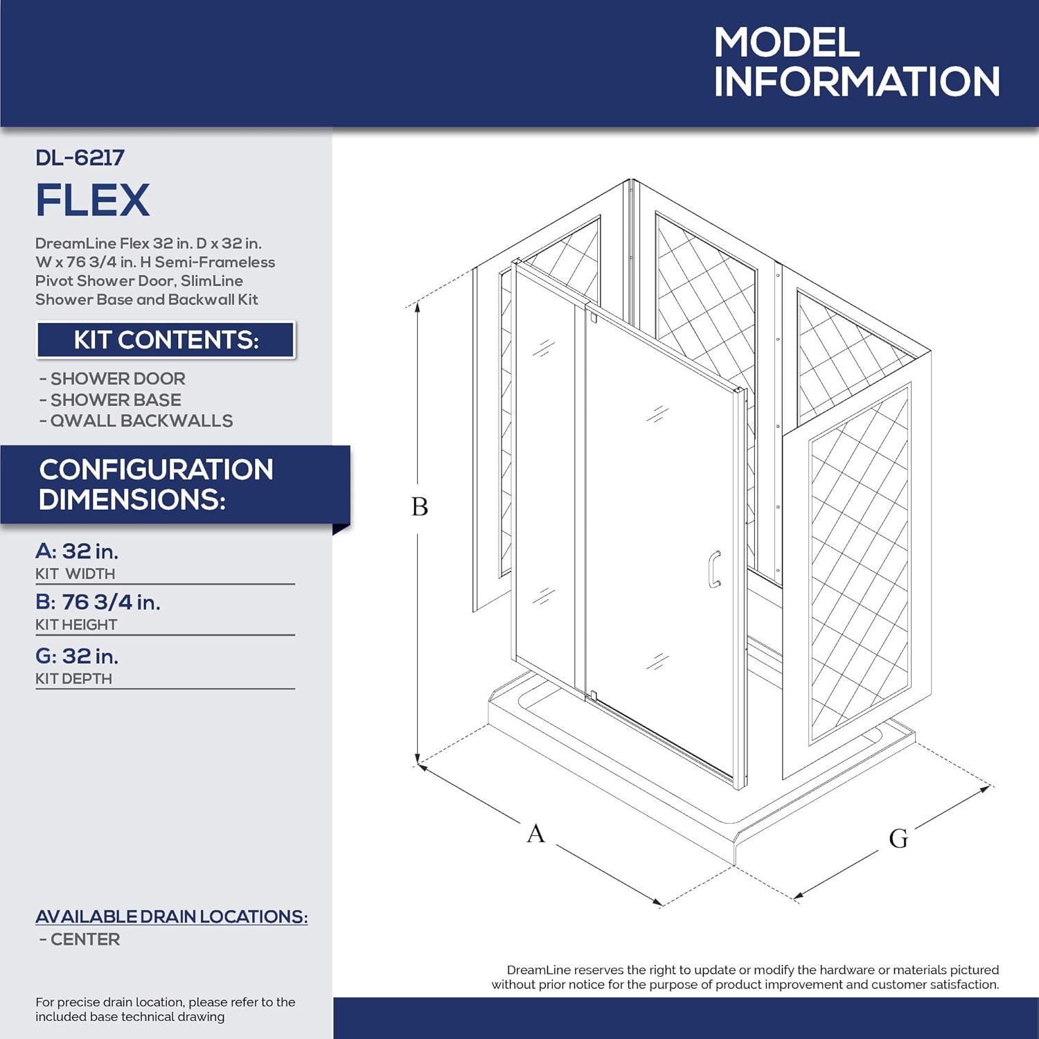 DreamLine Flex 32" x 76.75" Square Pivot Shower Enclosure with Base Included DL-6217C-04CL