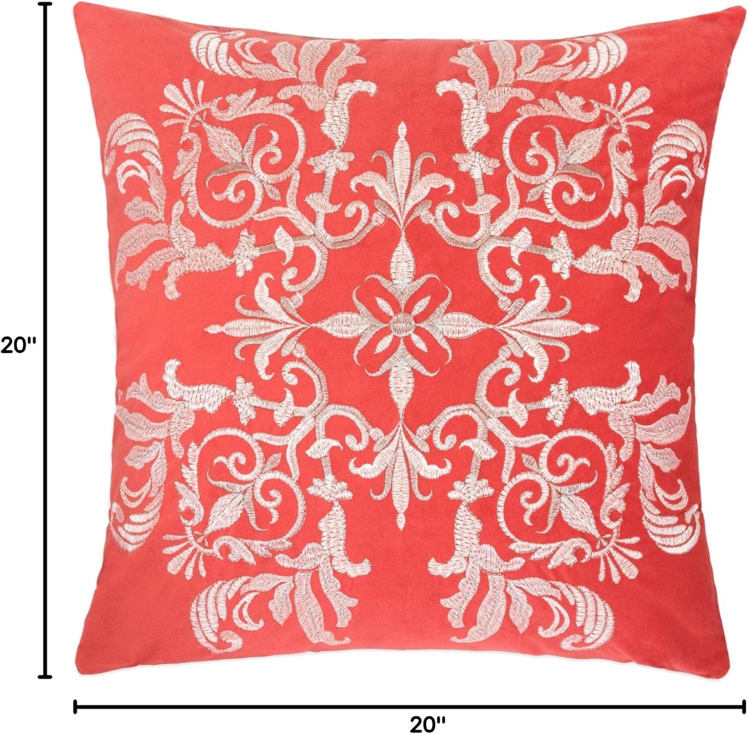 Coral Embroidered Square Polyester Throw Pillow