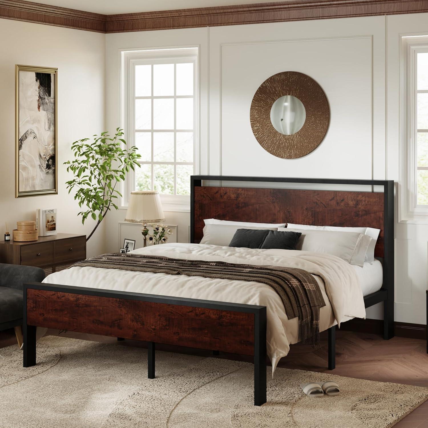 Queen Black Oak Metal Frame Bed with Wood Headboard and Storage