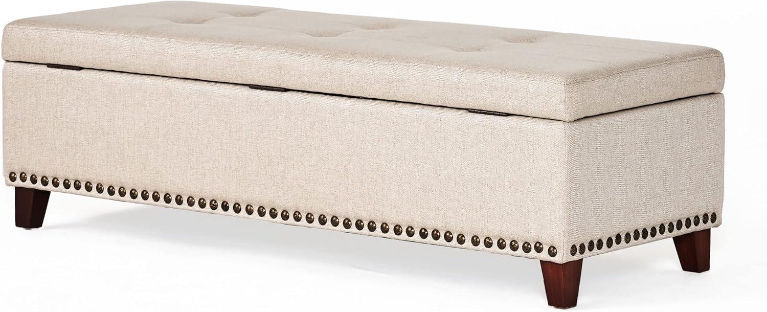 Beige Tufted Fabric Storage Ottoman with Nailhead Trim