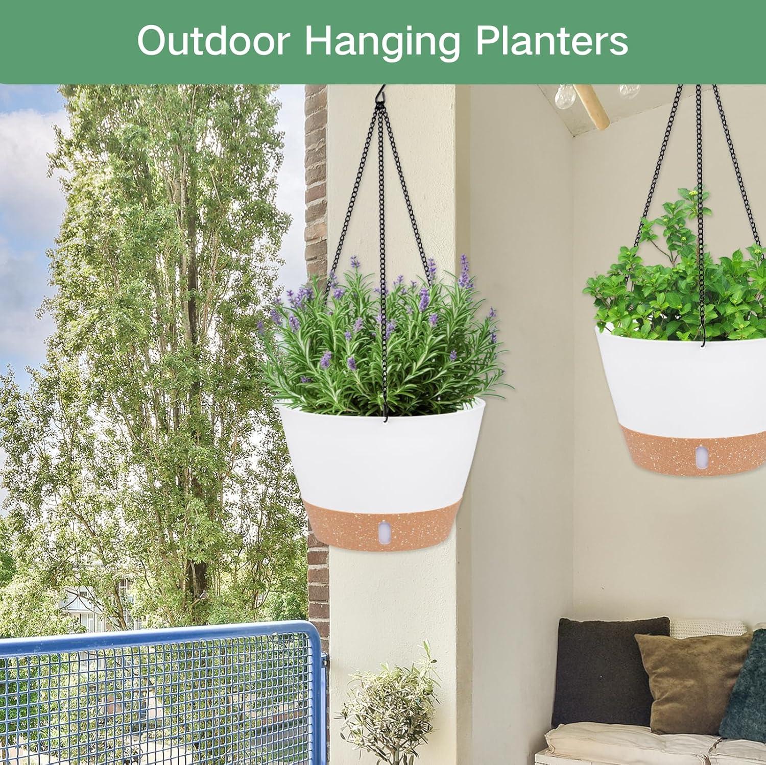 QCQHDU 2 Pack 10 inch White Plastic Hanging Planters with 3 Hooks, Hanging Plant Pot Basket with Drainage Hole for Garden Home