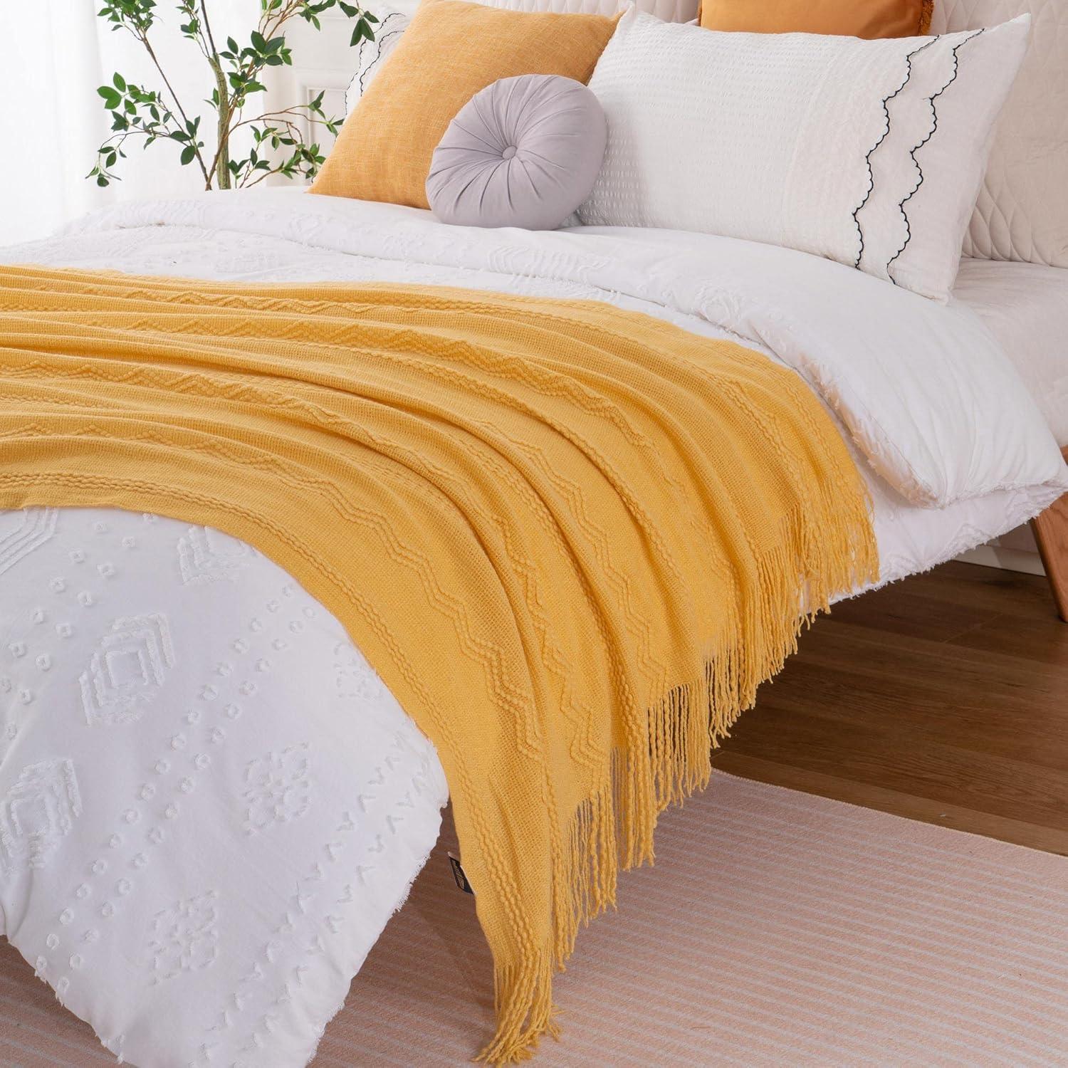 Yellow Knitted Acrylic Throw Blanket with Fringe, 50" x 60"