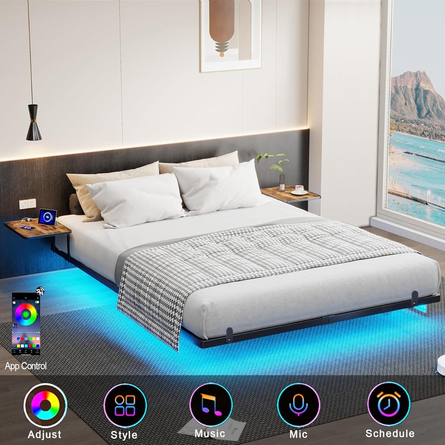 Alwyn Home Floating Bed Frame With Led Lights Metal Platform Bed, No Squeak