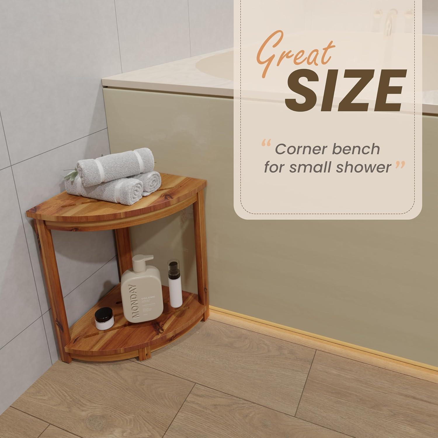 18" Wood Corner Shower Bench & Corner Shower Stool with Storage Shelf - Footrest for Shaving Legs - Bath Step for Small Spaces - Perfect for Indoor or Outdoor (Acacia, 12x12x18)