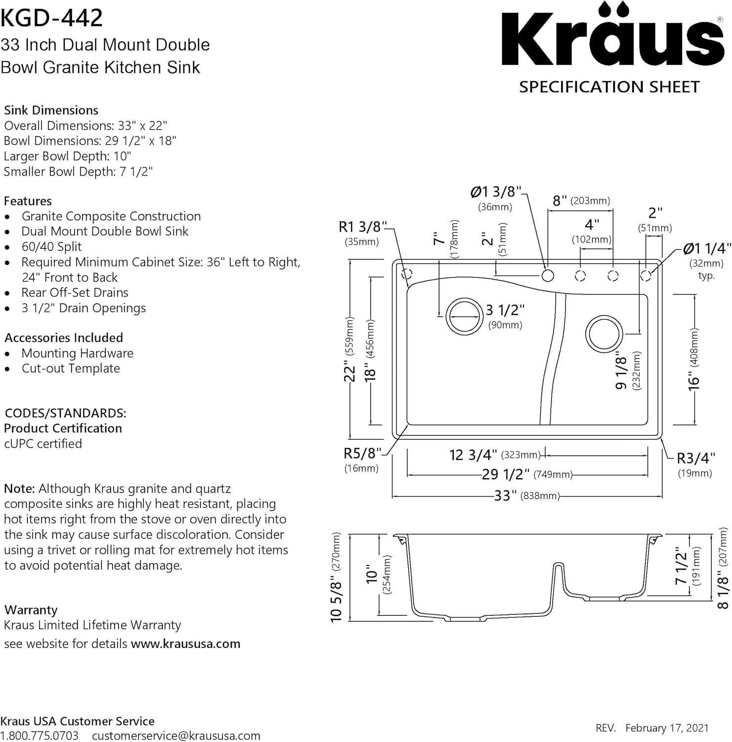 Kraus KRAUS Quarza™ 33" L Dual Mount 60/40 Double Bowl Granite Kitchen Sink KGD-442GREY