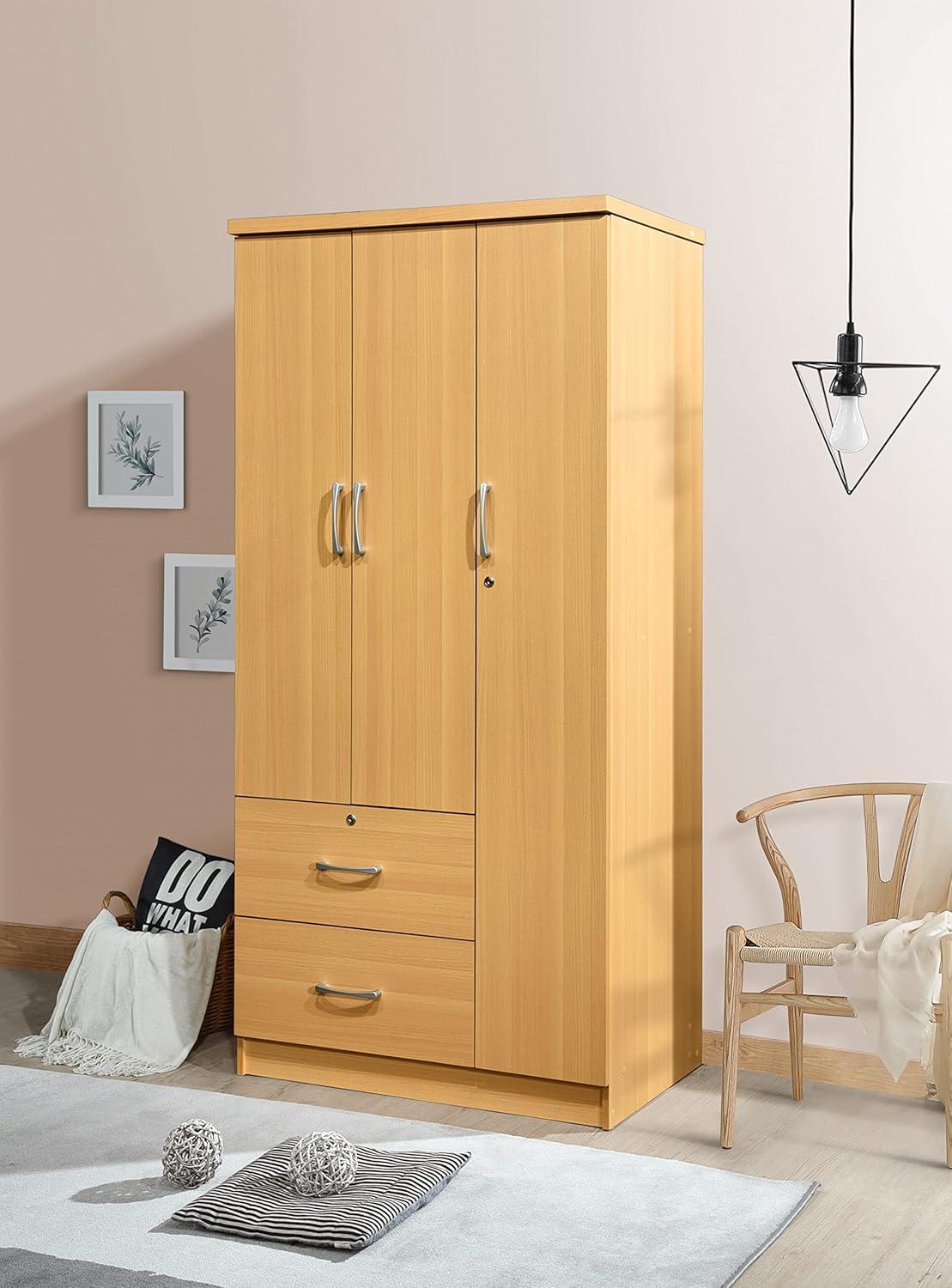 Beech 3-Door Armoire with Drawers and Shelves