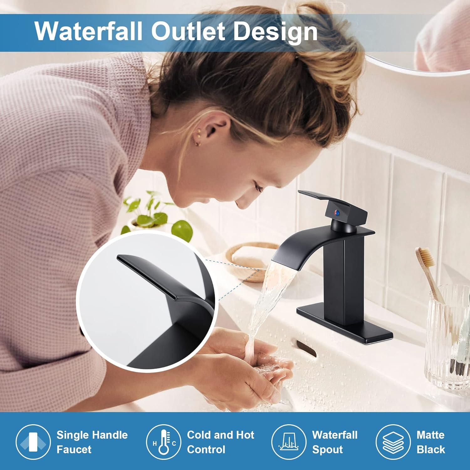 Matte Black Single Handle Waterfall Bathroom Faucet with Pop-up Drain