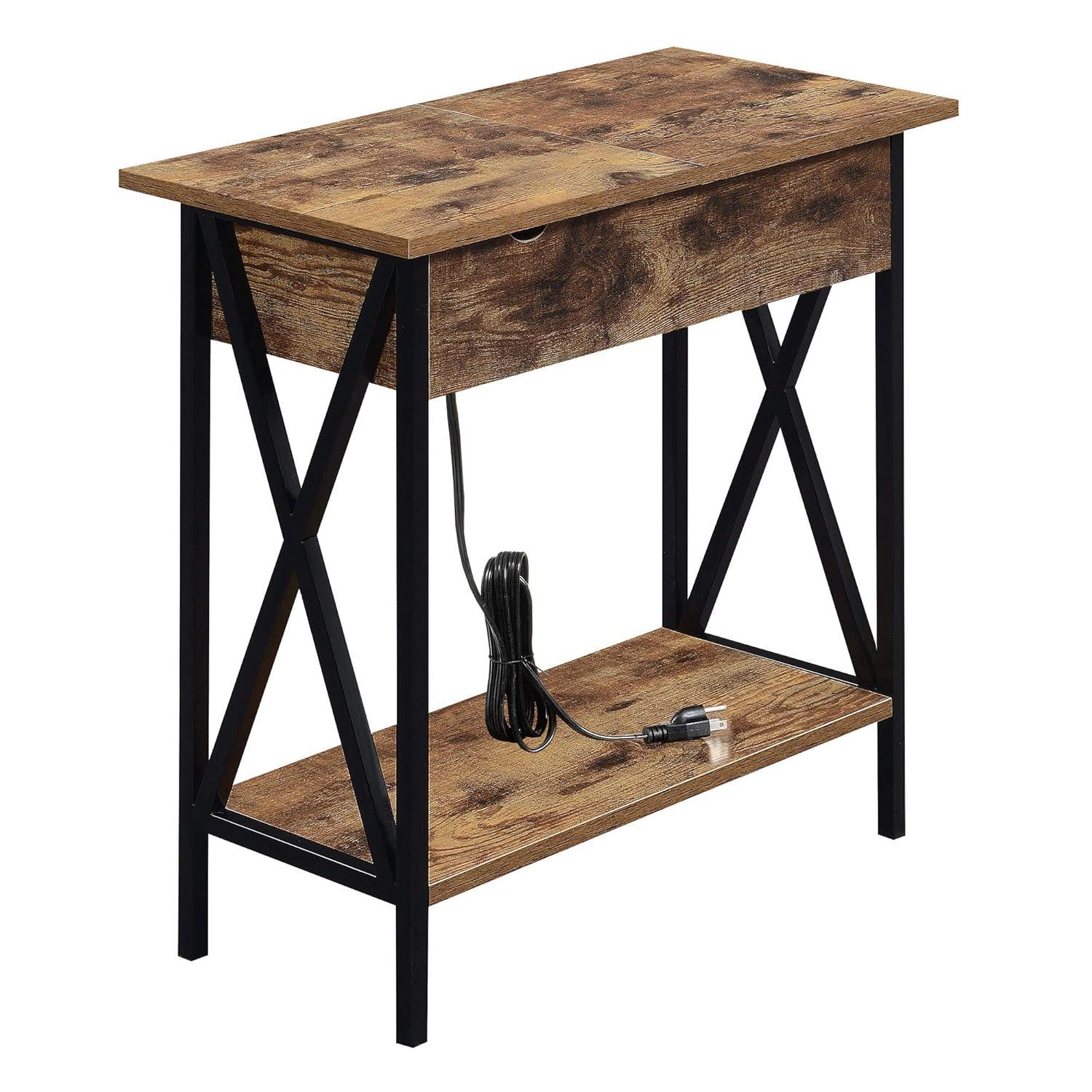 Convenience Concepts Tucson Flip Top End Table with Charging Station and Shelf, Barnwood/Black
