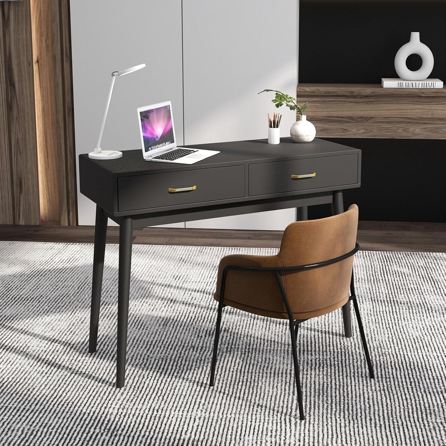 Small White Desk with 2 Drawers, Modern Writing Desk for Small Spaces, Home Office Desk for Study, Laptop Computer Desk for Work, Makeup Vanity Table for Bedroom (White)