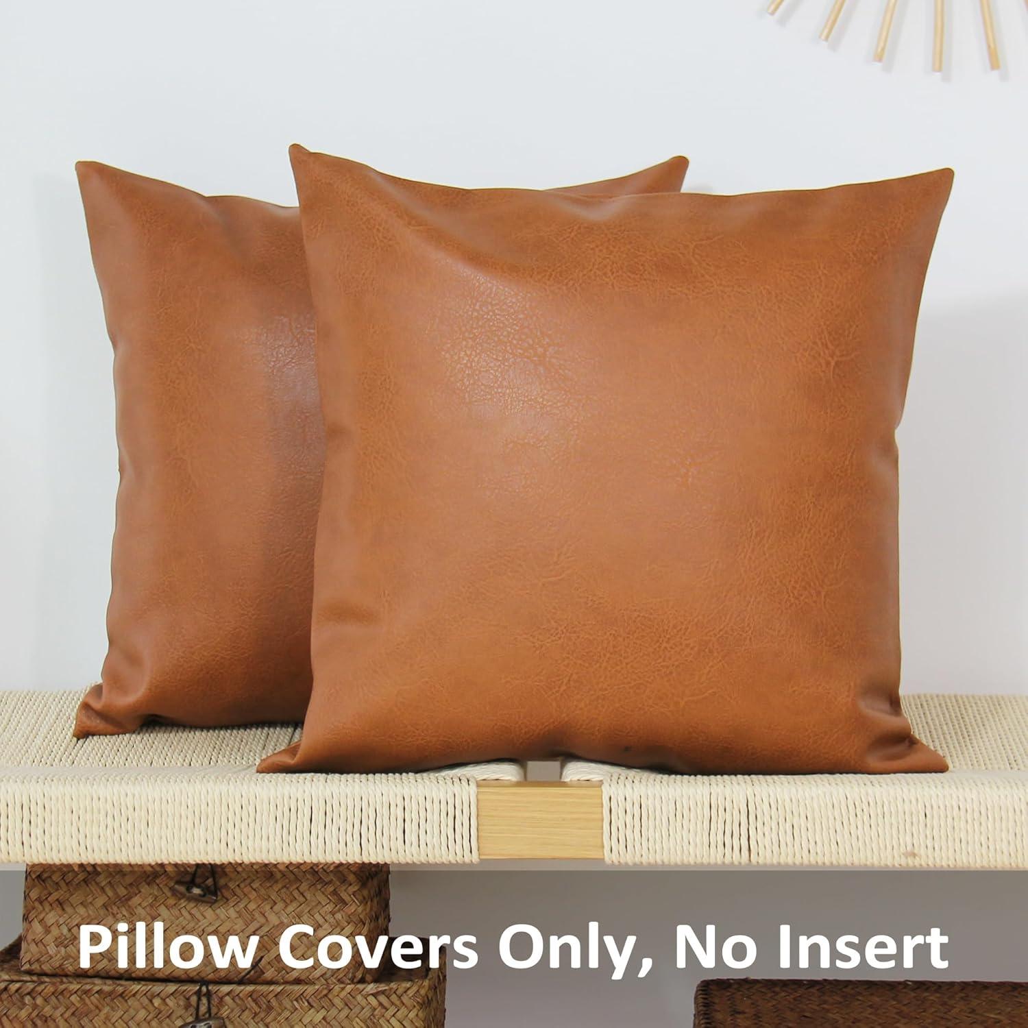 Faux Leather Throw Pillow Covers 18X18 Inch Set of 2 Brown Outdoor Modern Farmhouse Solid Decorative Pillow Covers for Room Couch Living Bedroom Bed Sofa