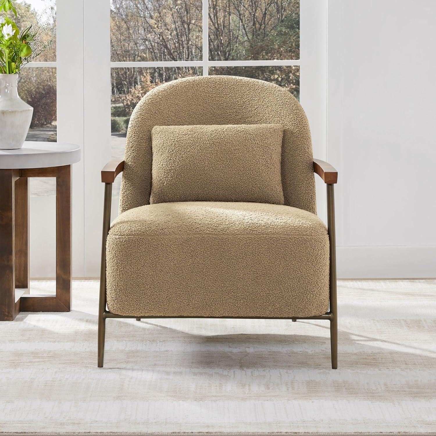 Quiteria Camel Fabric Accent Chair with Solid Wood and Metal Frame