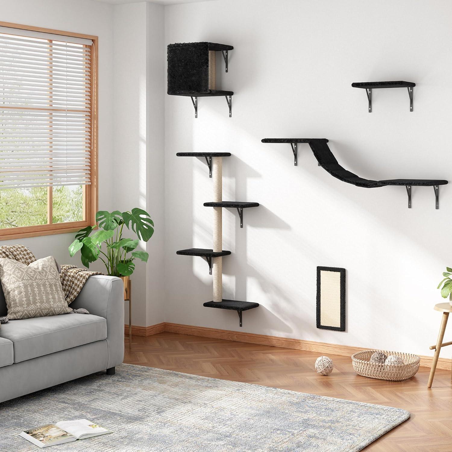 Black Wall-Mounted Cat Tree Set with Sisal Scratching Post