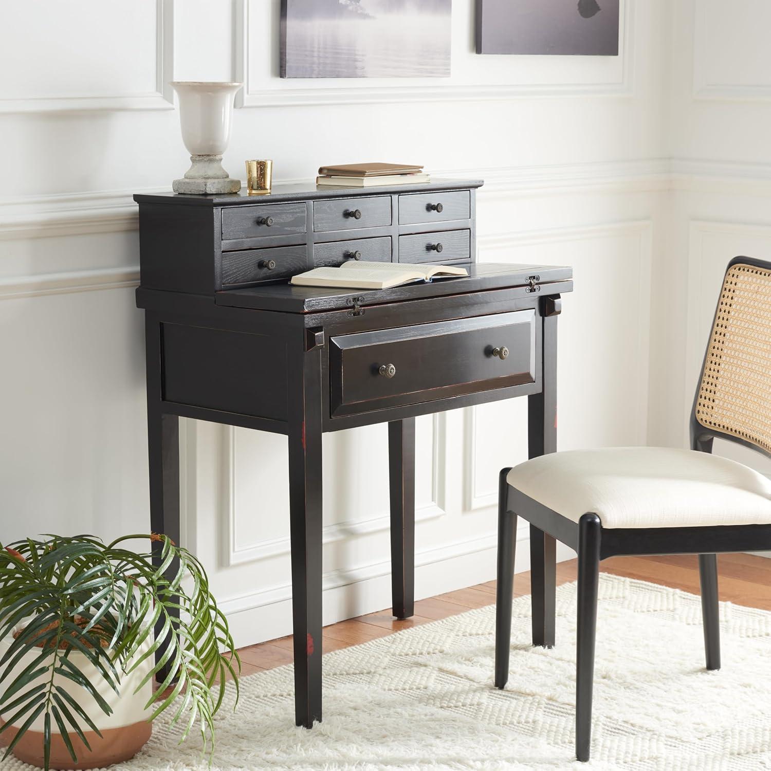 Transitional Black Wood Desk with 7 Drawers and Foldable Top