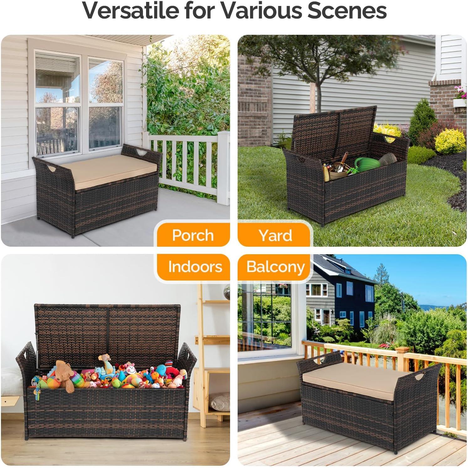 VINGLI 40 Gallon Wicker Storage Bench, Patio Cushion Storage Box Designed with Side Handles, Rattan Deck Box for Garden Tools, Cushions, Outdoor Patio Deck Box for Garden, Poolside, Brown